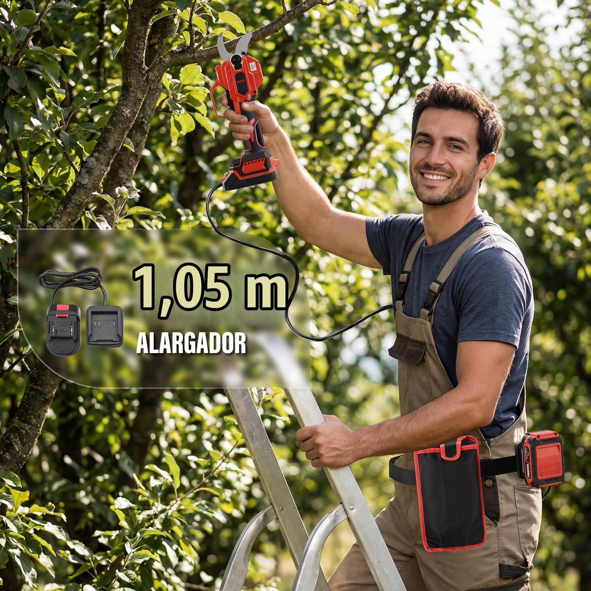 TEENO Tijeras de Podar Eléctricas, con Baterías 8000 mAh, Tijeras de Poda de 50mm Tijeras de Motor Brushless para Jardinería, Cable de extensión 1,05 m,Árboles Frutales, Viñedos