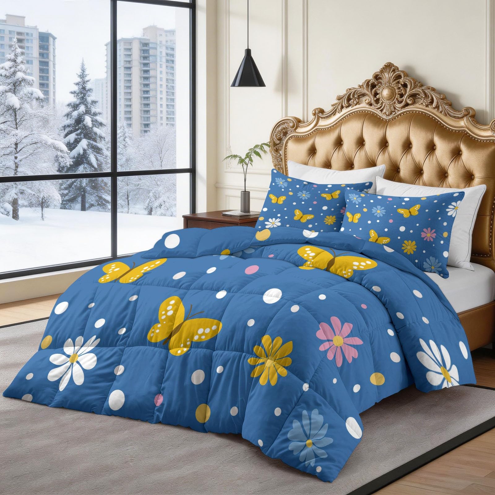 Gelber Schmetterling Kleine Blumen Bettdecke 220 x 240 cm 4 Jahreszeiten Steppdecke, Lustiger Cartoon Ganzjahresdecke Kleinkinder Bettwaren Set Kinderzimmer Mädchenzimmer Bettdecke Ohne Bezug