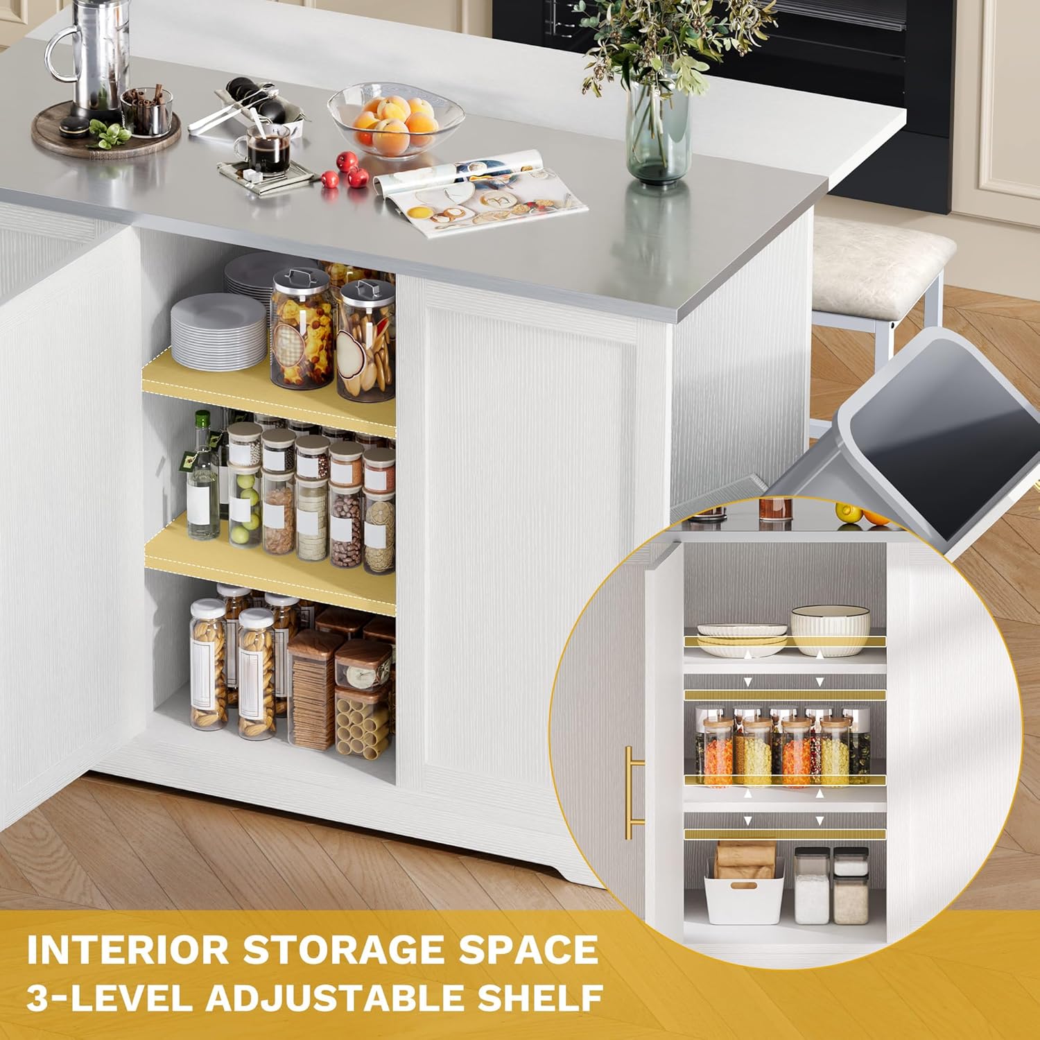 Внатрешност view of the main cabinet with an adjustable shelf, showing how to change its height.