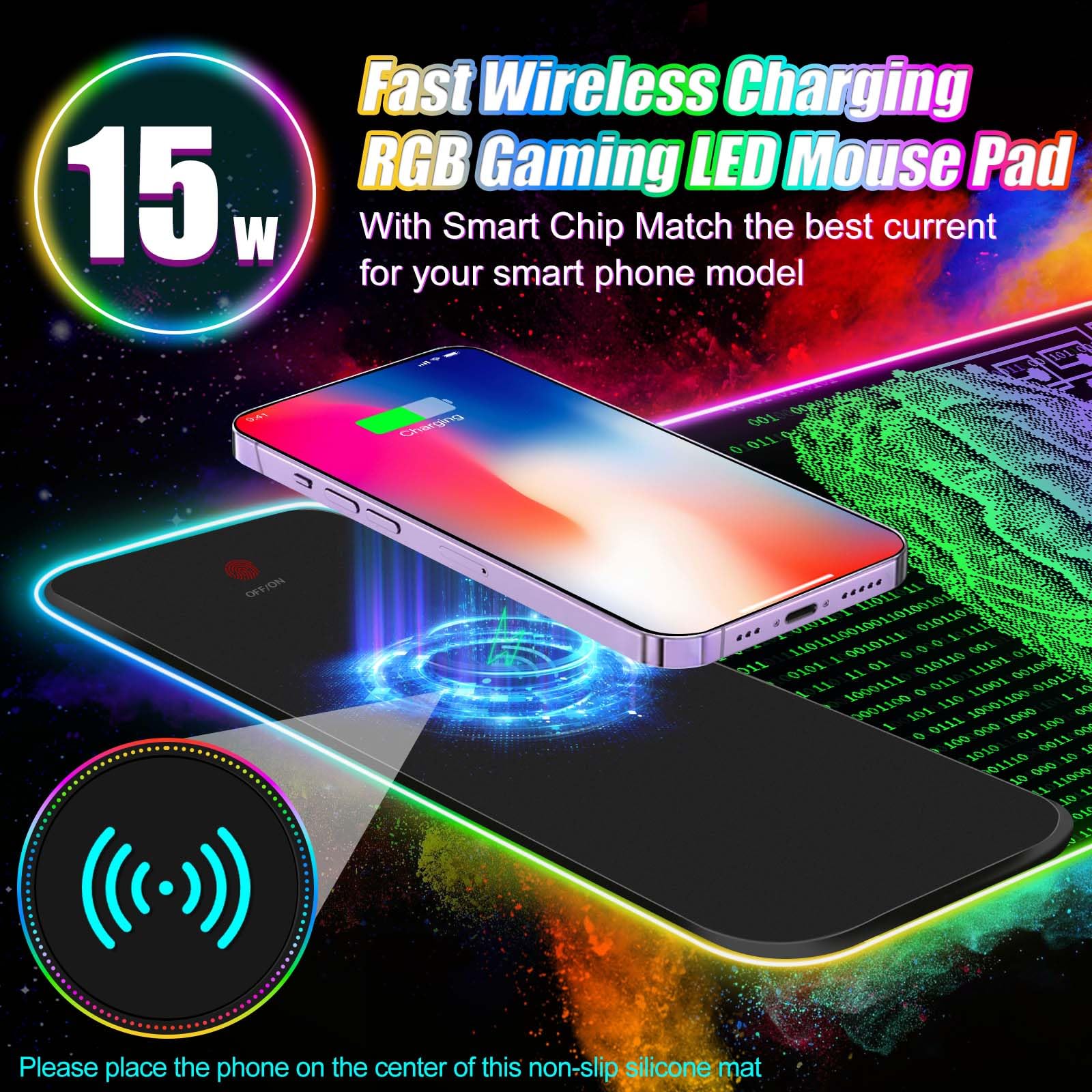 ToLuLu Tappetino per mouse da gioco RGB con ricarica wireless, tappetino per mouse LED da 15 W con caricabatterie da 30 W, 14 modalità di illuminazione, supporto per il polso, base in gomma