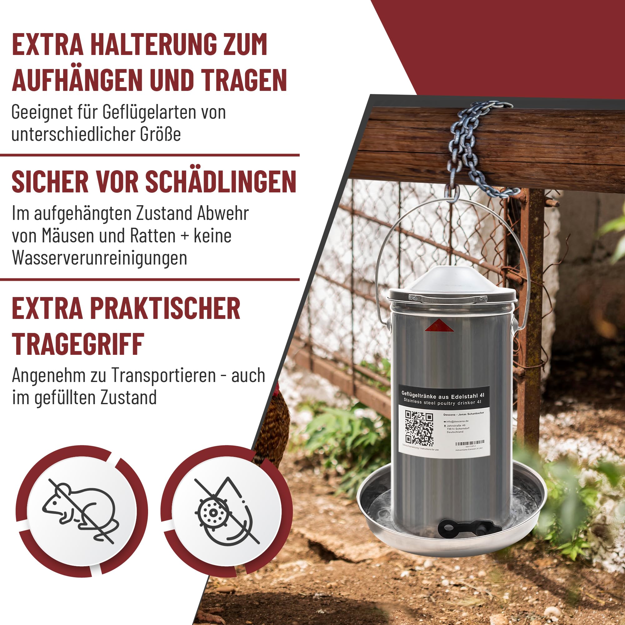 Descena Hühnertränke Edelstahl 4L – Geflügeltränke von Oben befüllbar | Rostfreier Edelstahl 304 (V2A), automatische Wasserregulierung, spülmaschinengeeignet, Tränkenwärmer-kompatibel