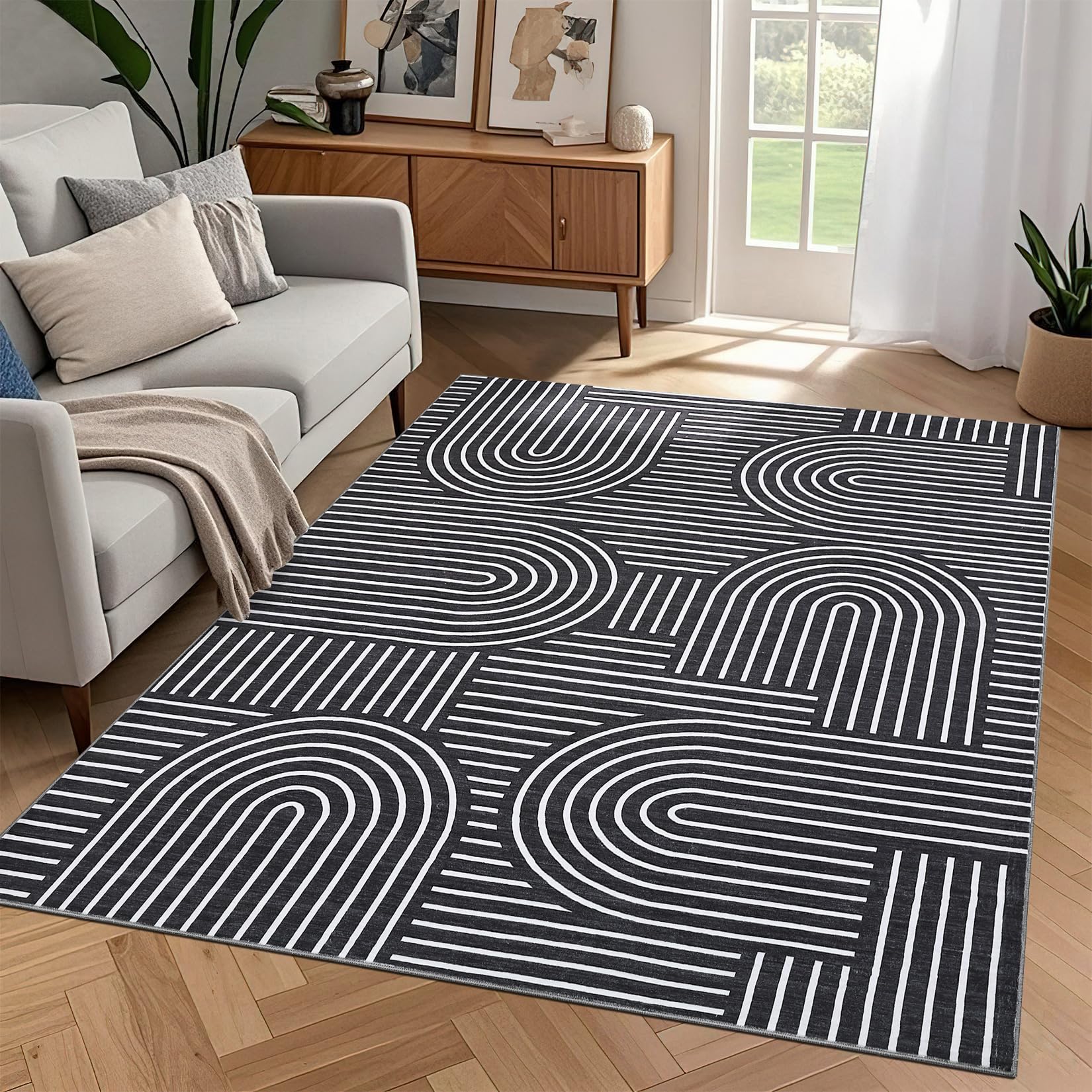 Photo 1 of ROYHOME Washable Rug 3x5 Area Rugs for Living Room, Abstract Rug for Bedroom, Soft Rainbow Non Slip Throw Rugs with Rubber Back, Low Pile Stain Resistant Boho Geometric Carpet for Dining Room, Black