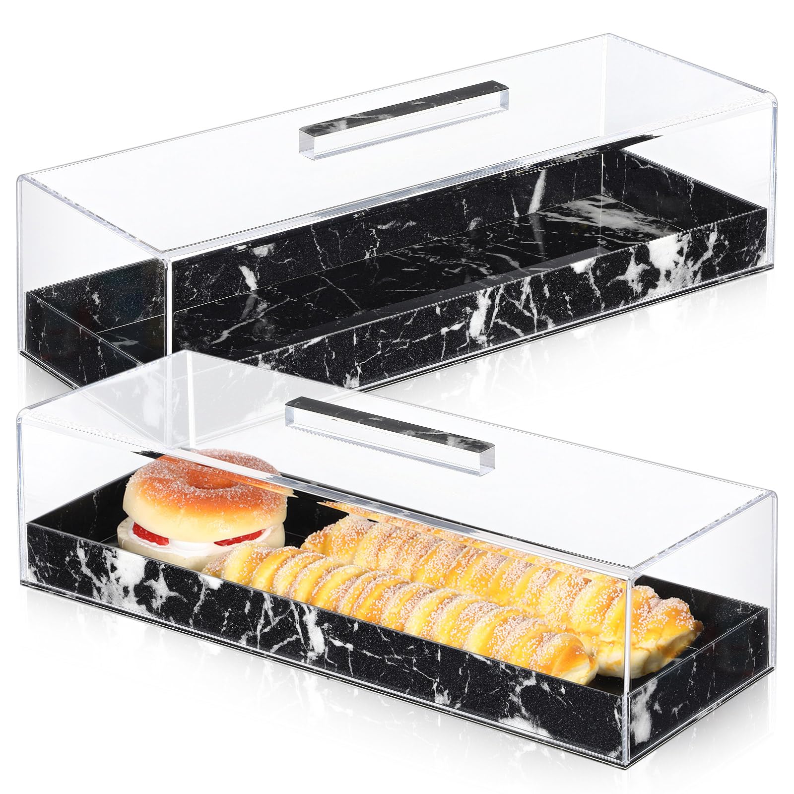 Dandat 2 Pcs Rectangular Serving Tray with Lid Grey Black Marbleized Grain Rectangular Cake Stand Acrylic Cake Holder Rectangle Pastry Display Case Elegant Marble Dessert Tray with Lid (Black)