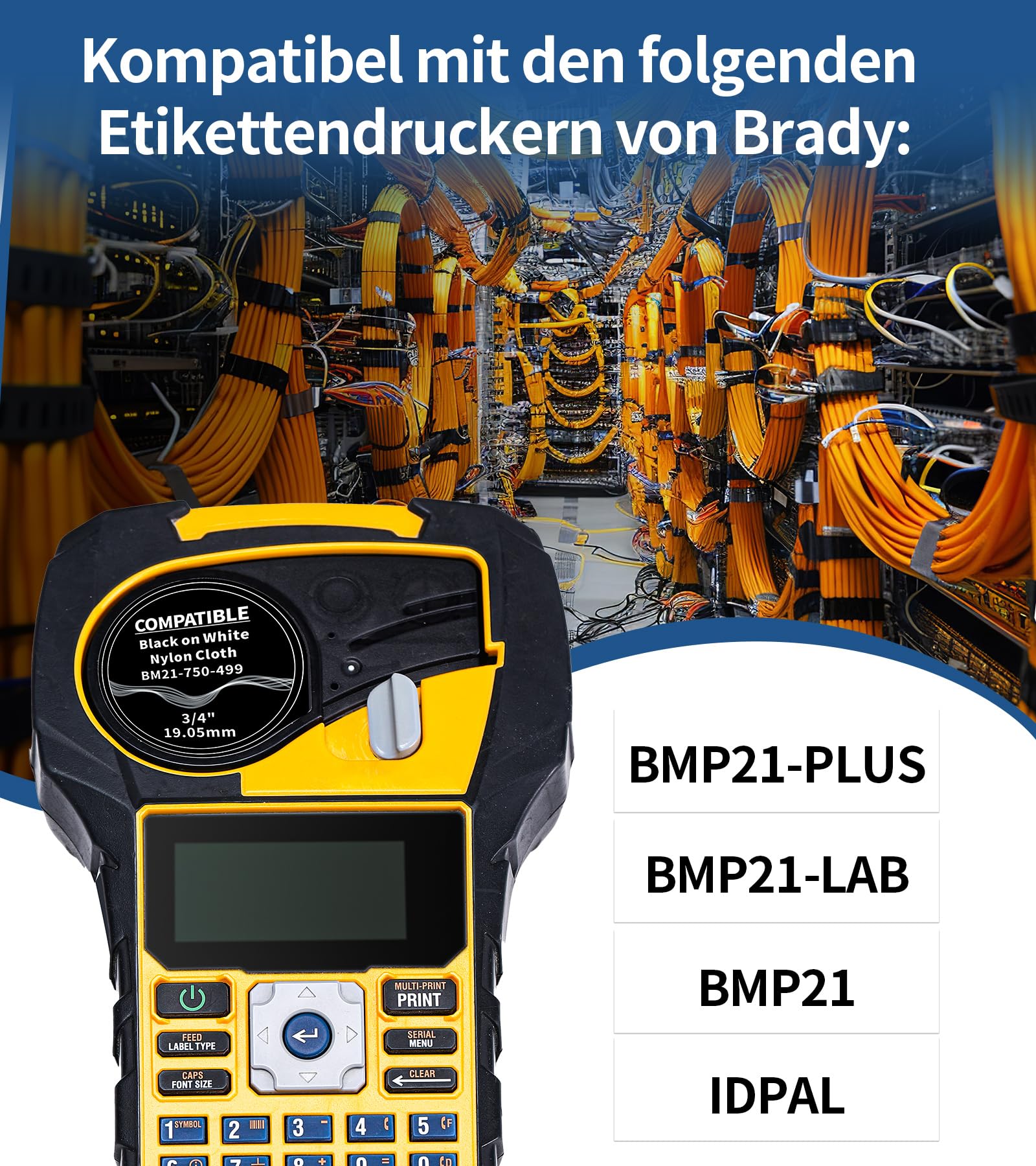 Aken 3 x Etiquetas Compatible con M21-750-499, Compatible con BMP21PLUS | 19.05 mm x 4.88 m, Negro sobre Blanco, Etiquetas Adhesivas Permanentes de Tejido de Nailon