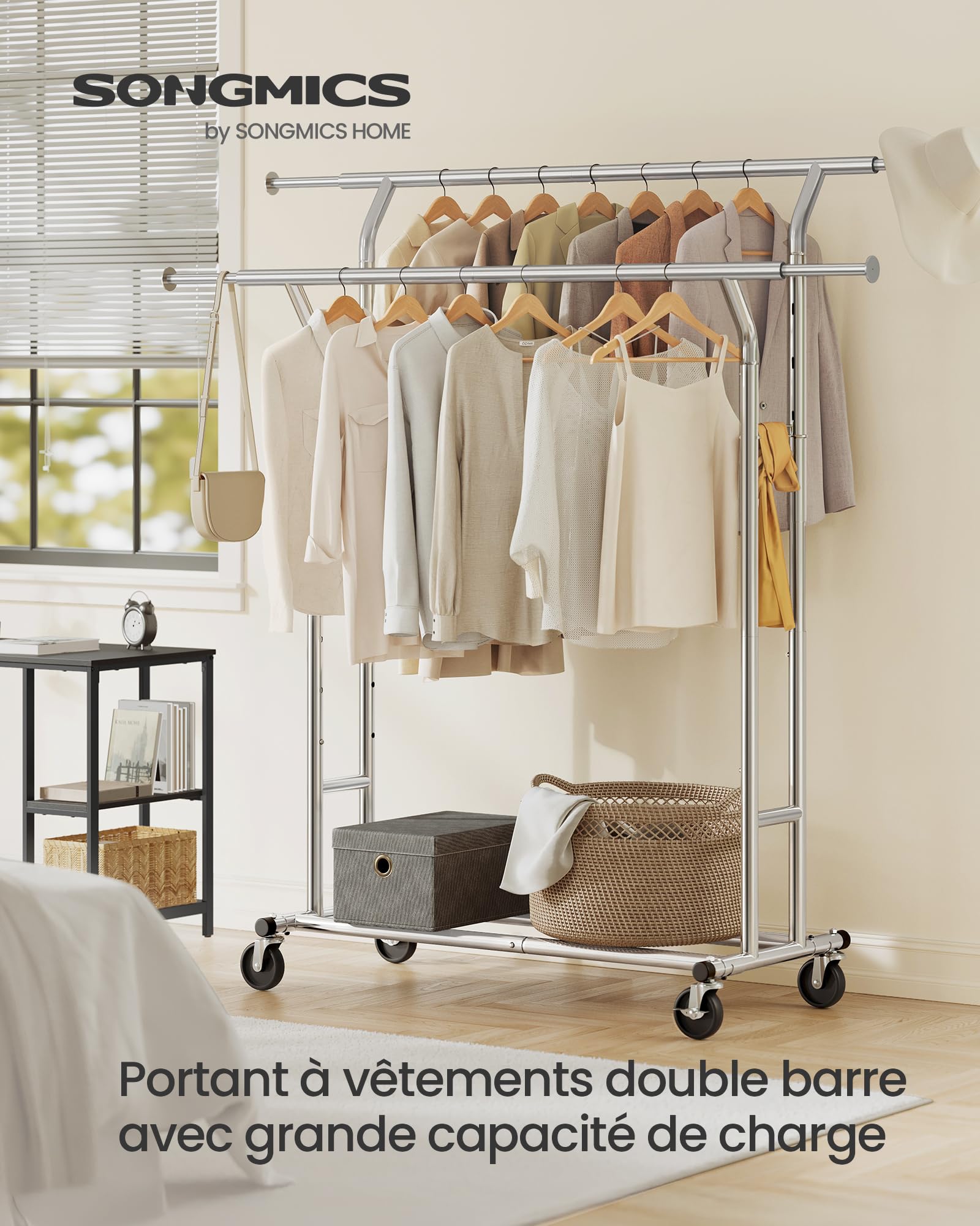 SONGMICS Portant à vêtements, Penderie métallique, Charge Max,110 kg, Double Barres Extensibles, Hauteur réglable, Mobile, avec roulettes, Mètal chromé HSR12S
