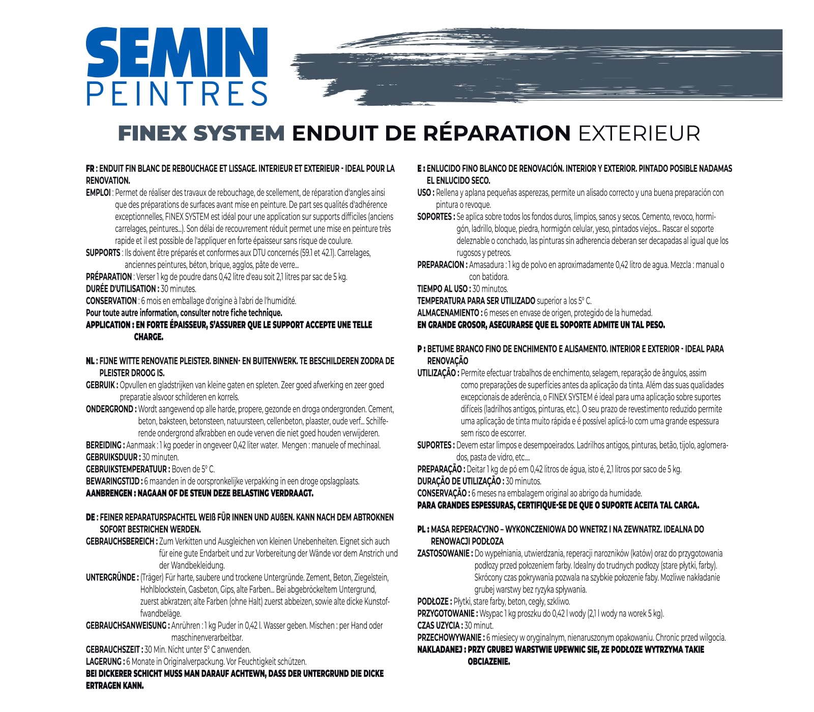 Enduit de réparation Semin Reboucheur, Extérieur, en Poudre, sac de 15 kg