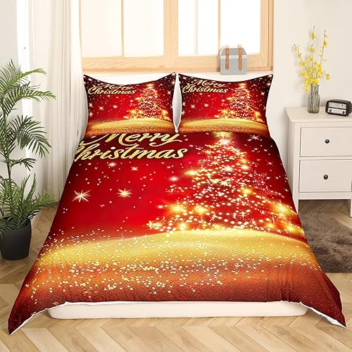 Miniatura 3 de Manfei Juego de funda de edredón de árbol de Navidad, tamaño matrimonial, funda de edredón dorada brillante de 3 piezas para niños y niñas,