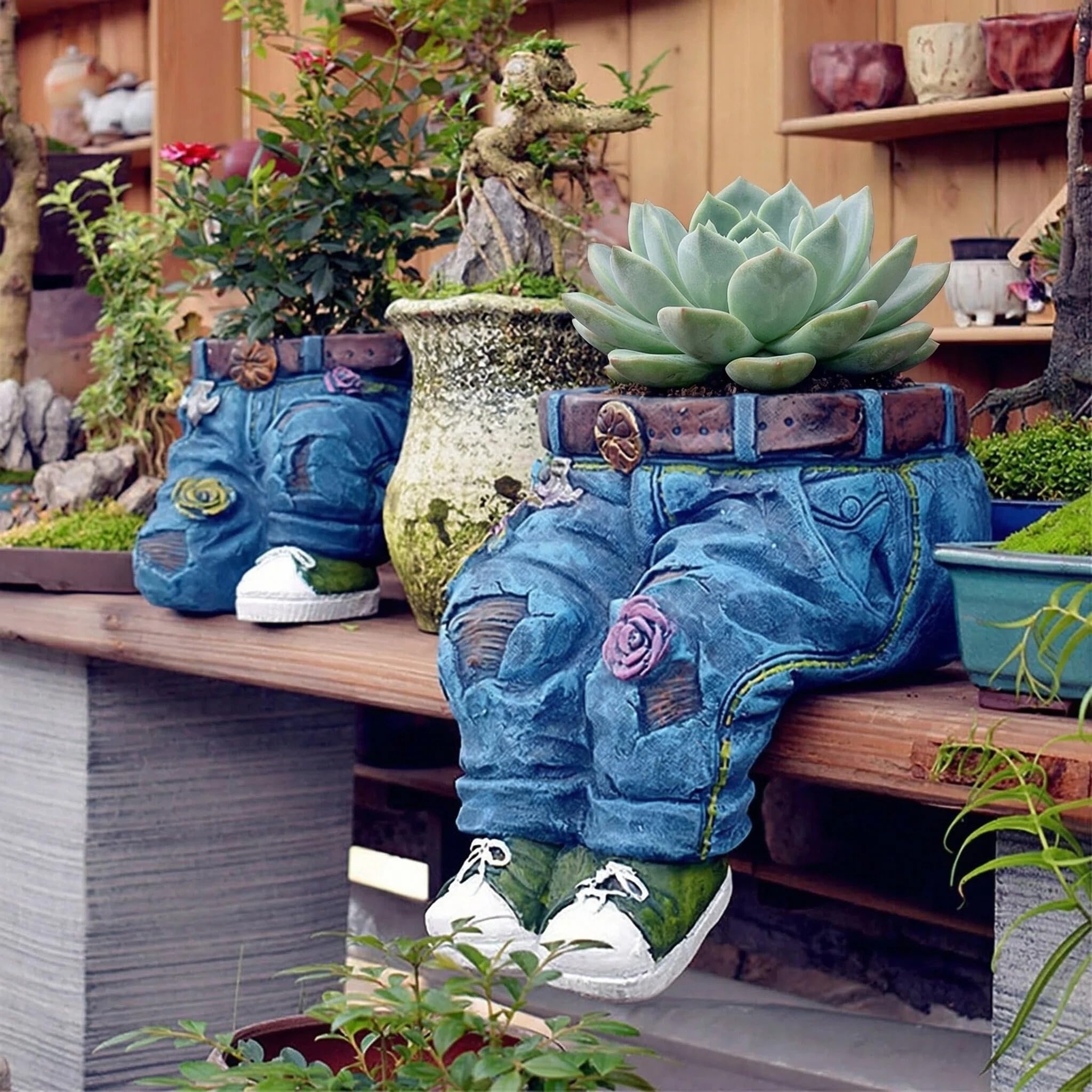 Denim Pants Resin Flower Pot, Creative Outdoor Indoor Planter, Cute Cowboy Jeans Decorative Garden Pot for Succulents, Unique Present for Home Lawn Yard Decor (2pcs)