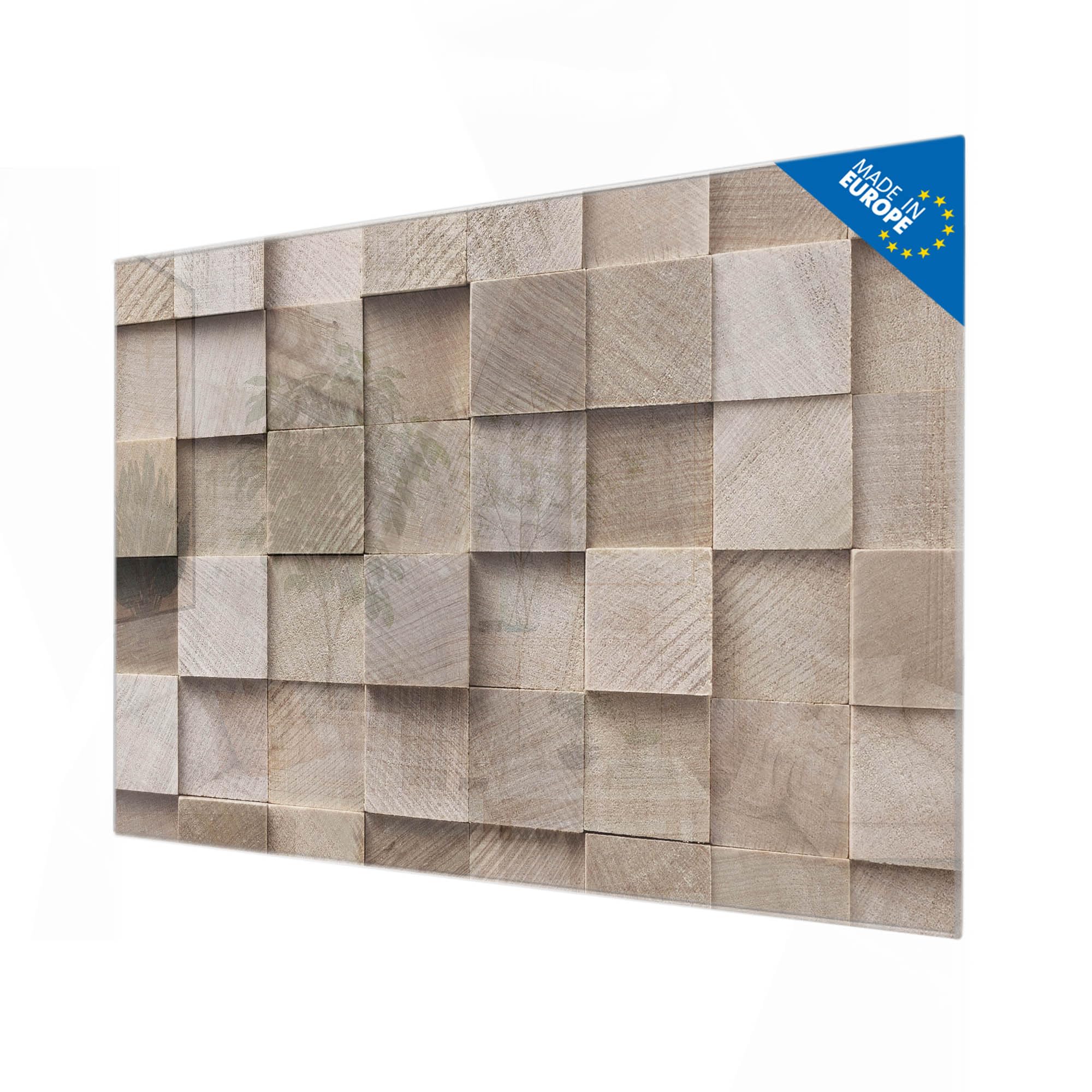 banjado Glas-Magnettafel in 45x30cm für Notizen in Holzoptik | Magnetisches Glasboard für Notizen und Fotos, mit Motiv Bauklötze Relief in warmer Holzoptik