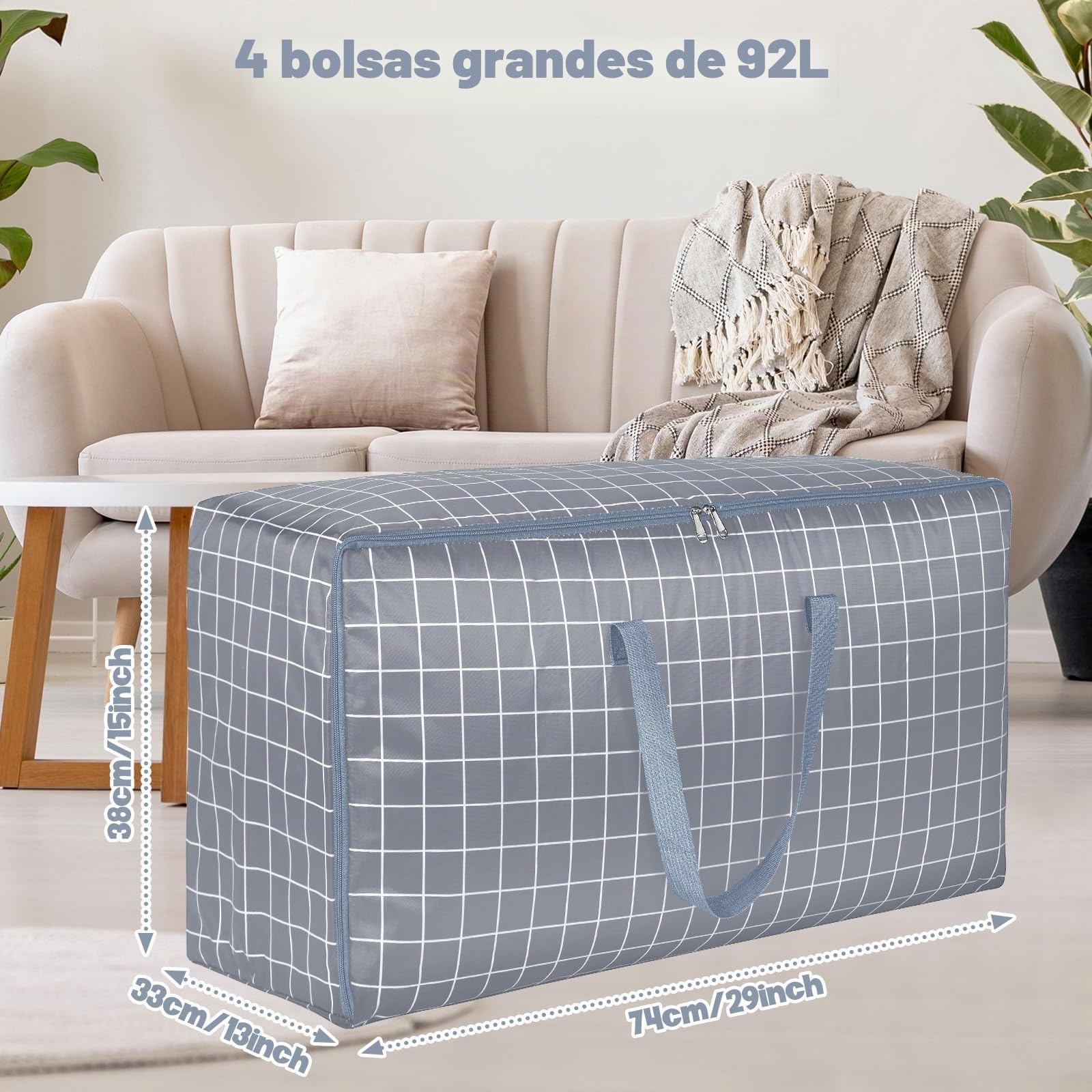 Paquete de 4 cajas de almacenamiento extra grandes con tapas para mudanzas, armarios, bolsas de almacenamiento resistentes con cremalleras para ropa, cajas de embalaje organizadoras fuertes