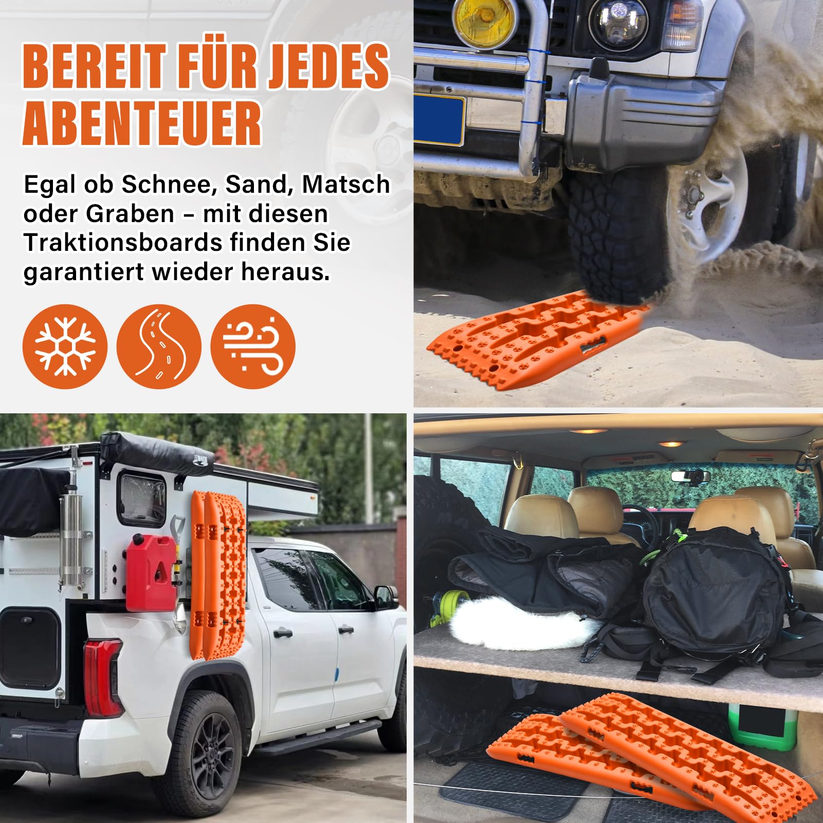 Lot de 2 plaques de sable tout-terrain - Aide au démarrage et à la traction pour camping-car, SUV et camion - Charge maximale de 10 °C - Plaques en plastique pour boue, sable et neige - Flexibles