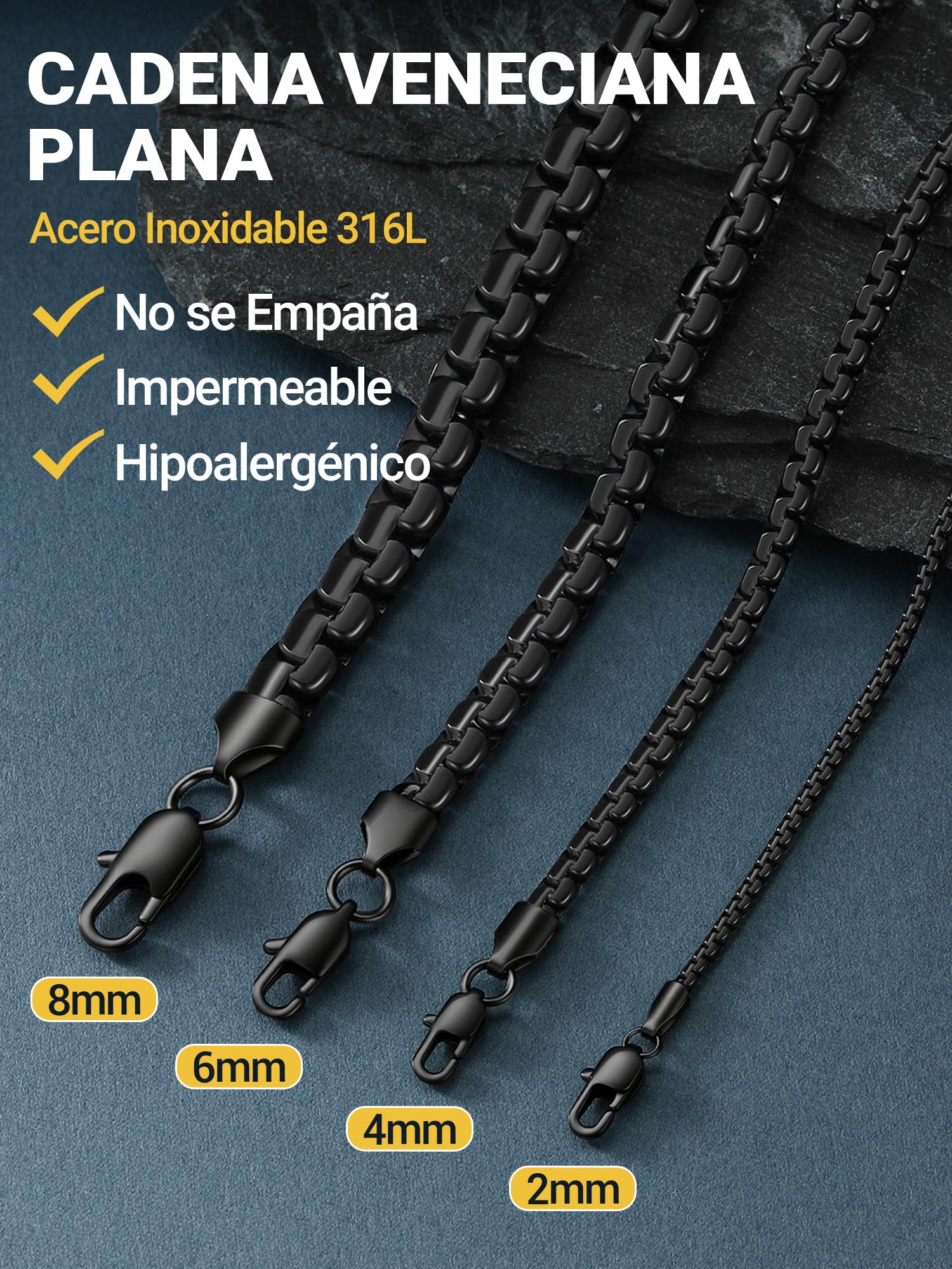 PROSTEEL Cadena Veneciana Plana Acero Inoxidable 2/4/6/8mm Ancho Collar Hombre Cadenas Eslabones Venecianos Planos Plateado/Dorado/Negro Joyas Hombres Mujeres 41cm-76cm
