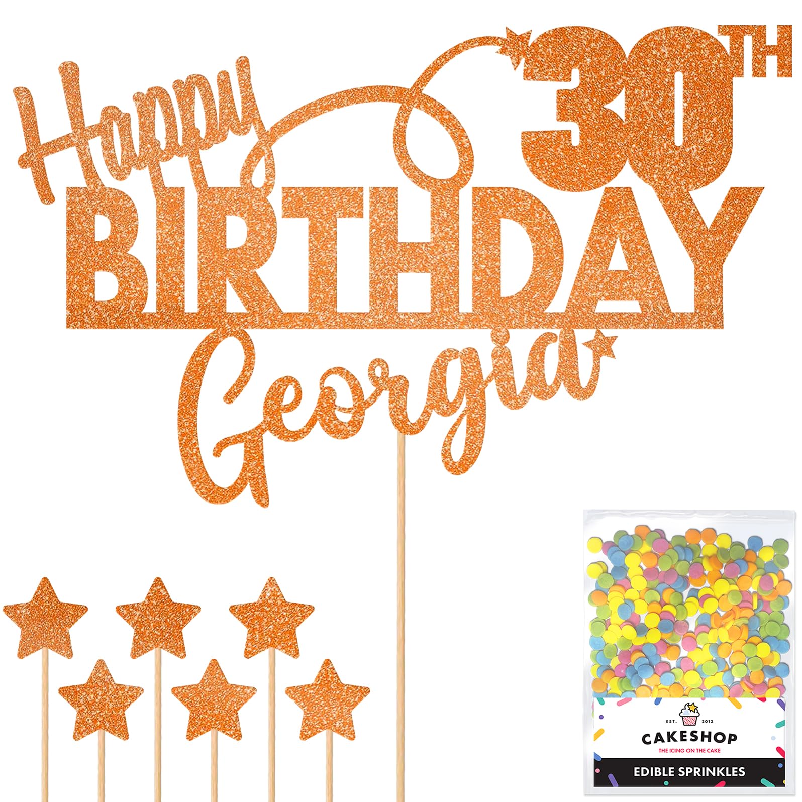 Personalised Happy Birthday Glitter Cake Topper - Copper Orange Any Name & Any Age Glitter Cake Decoration and Sprinkles - Happy Birthday Decorations - Personalised Toppers for Cakes by Cakeshop