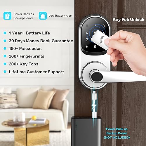 Miniatura 3 de Sifely Cerradura inteligente de entrada sin llave, acceso de huellas dactilares y teclado, manija de puerta delantera, color plateado