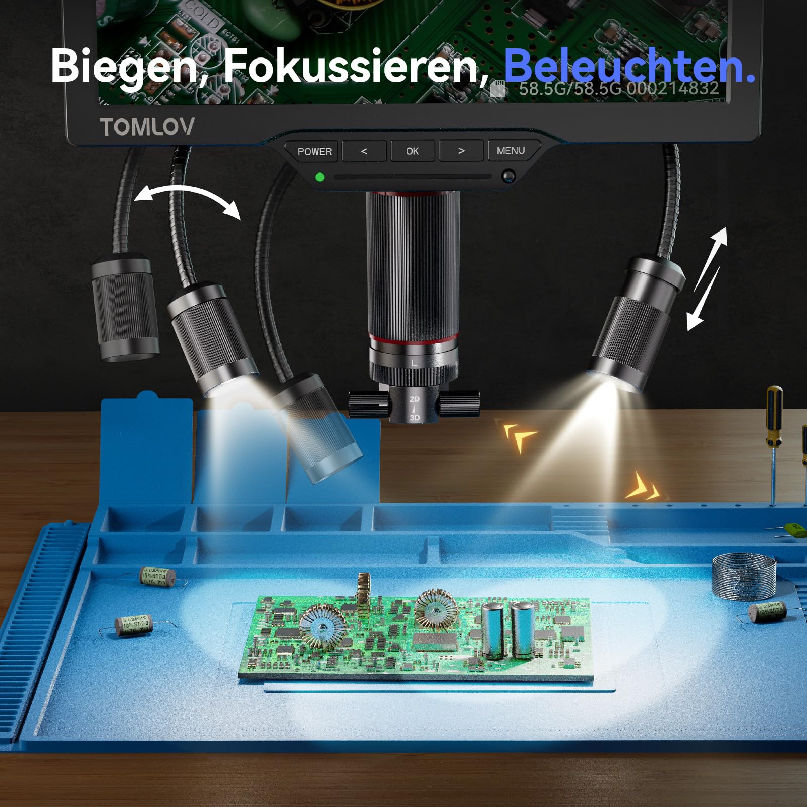 TOMLOV TM3K-3D IPS Digitales Mikroskop mit Magnetische Doppelobjektive, 3D-Lötmikroskop für Erwachsene, 3K UHD HDMI/USB Münz- & PCB-Lupe mit LED-Beleuchtung, Reparaturmatte, Flexibler Armständer, 64GB