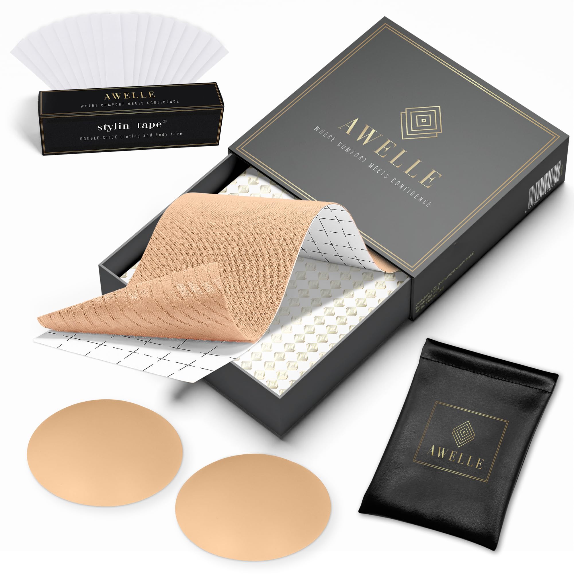 AWELLE Boob Tape Set – taśma na klatce piersiowej bez pleców, z super samoprzylepnymi podkładkami na sutki i 20 paskami, samoprzylepny biustonosz również do dużych piersi