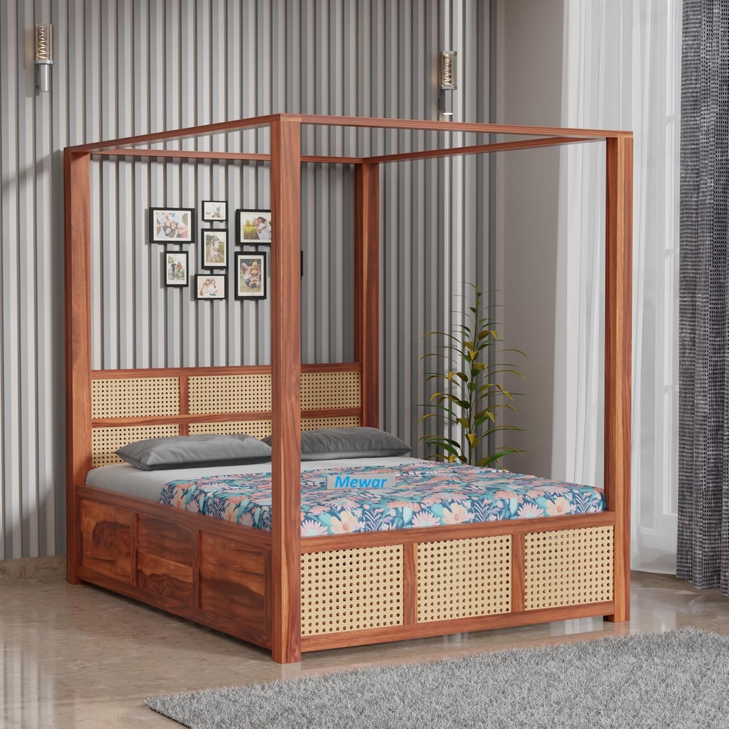 Solid Sheesham Wood Double Size Poster Bed with Storage | Multipurpose Wooden Double Bed Cot Palang Furniture for Bedroom, Living Room, Home and Hotel (Natural Finish, 6x4 Feet)