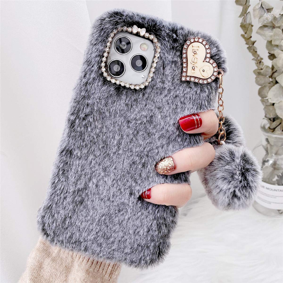 GuluGuru for Samsung Galaxy A10s Pretty Furry Case with Fur Heart Ball, Super Soft Warm Furry Cute Back Case, Luxury Rhinestone + Girly Faux Fur Fluffy Shockproof Protective Cover Women Girls