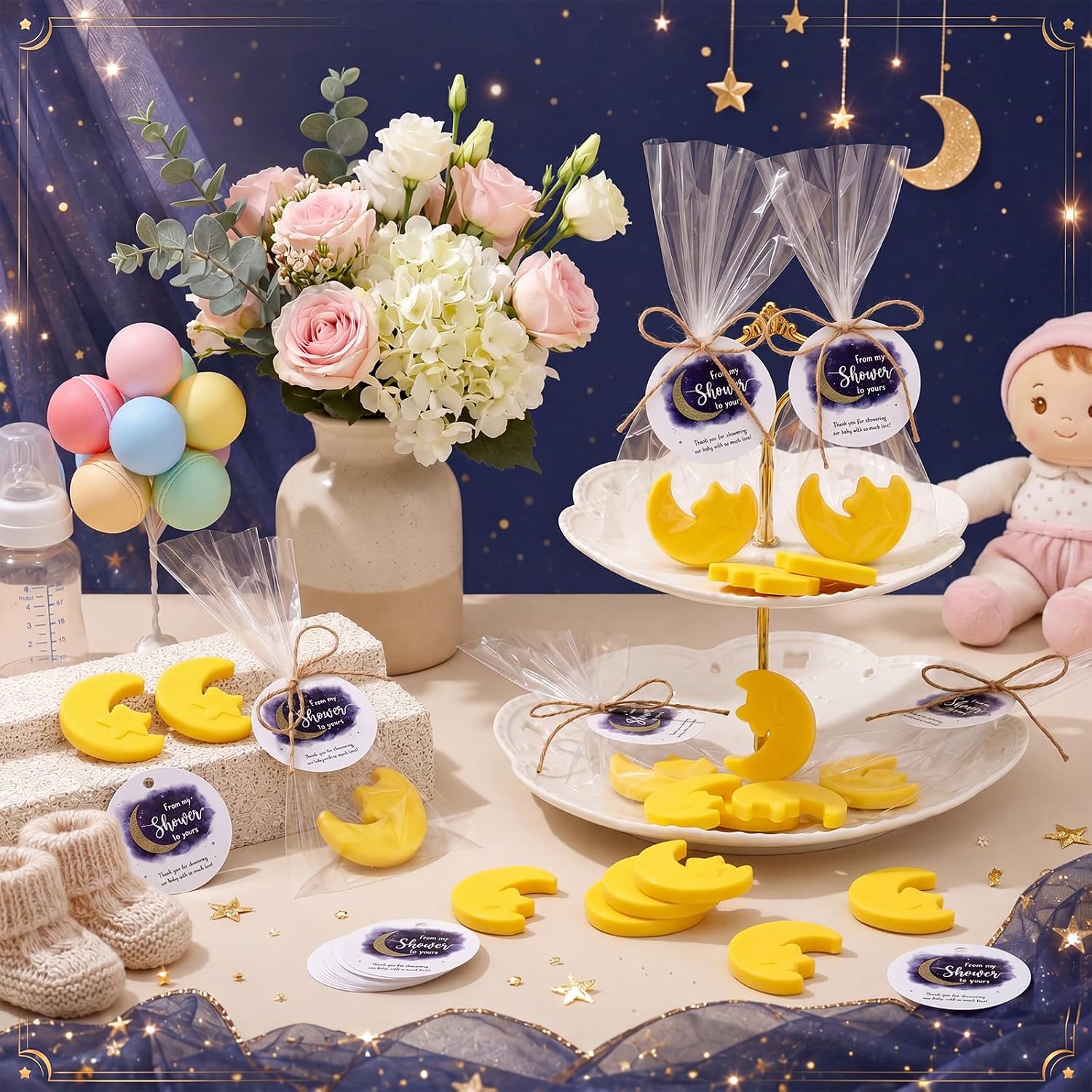 25 Sets Twinkle Twinkle Baby Shower Favors for Guests Moon Star Soaps Mini Handmade Scented Soaps with Thank You Tags for Baby Shower Party Gender Reveal Party Guests Return Gift (Gold)