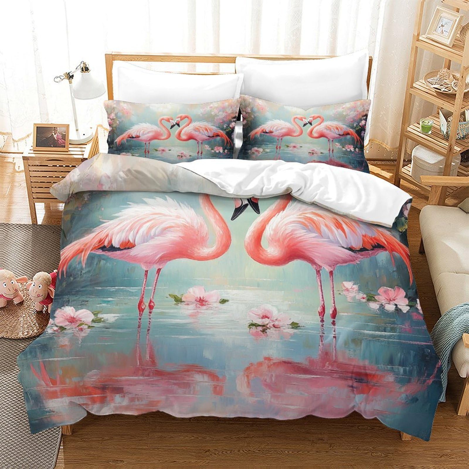 Flamingo-Pärchen 3D-Bedruckt 3er-Set Bettbezug Romantischer Aquarellstil Bettdeckenbezug Mikrofaser Hypoallergen Reißverschluss für Kleinkinder Jugendliche Frauen Super King（260x220cm）