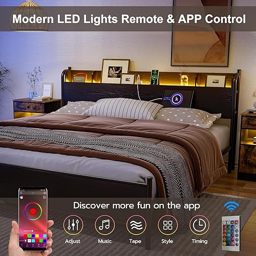 Miniatura 18 de IKIFLY Base de cama tamaño King con cabecera de estante de almacenamiento y estación de carga, cama de plataforma industrial de metal King con luces