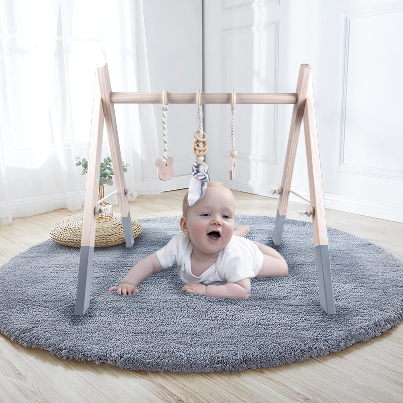 Caudblor Gimnasio Madera Bebe, Gimnasios Infantil Actividades para Bebes, Gimnasio para bebé de Madera, Baby Gym Juegos Sensoriales Juguete Educativo para Niños (Natural-Gym)