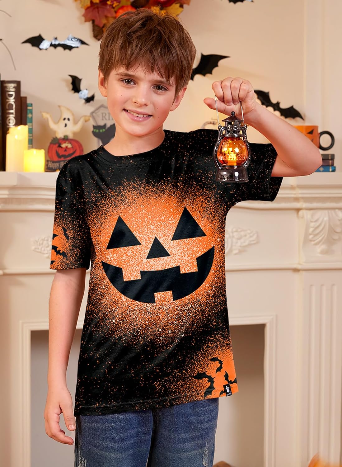 Halloween Little Boys Black Funny Pumpkin Face Jack O' Lantern Top Short Sleeve Party Shirt 6 Years - Image 2