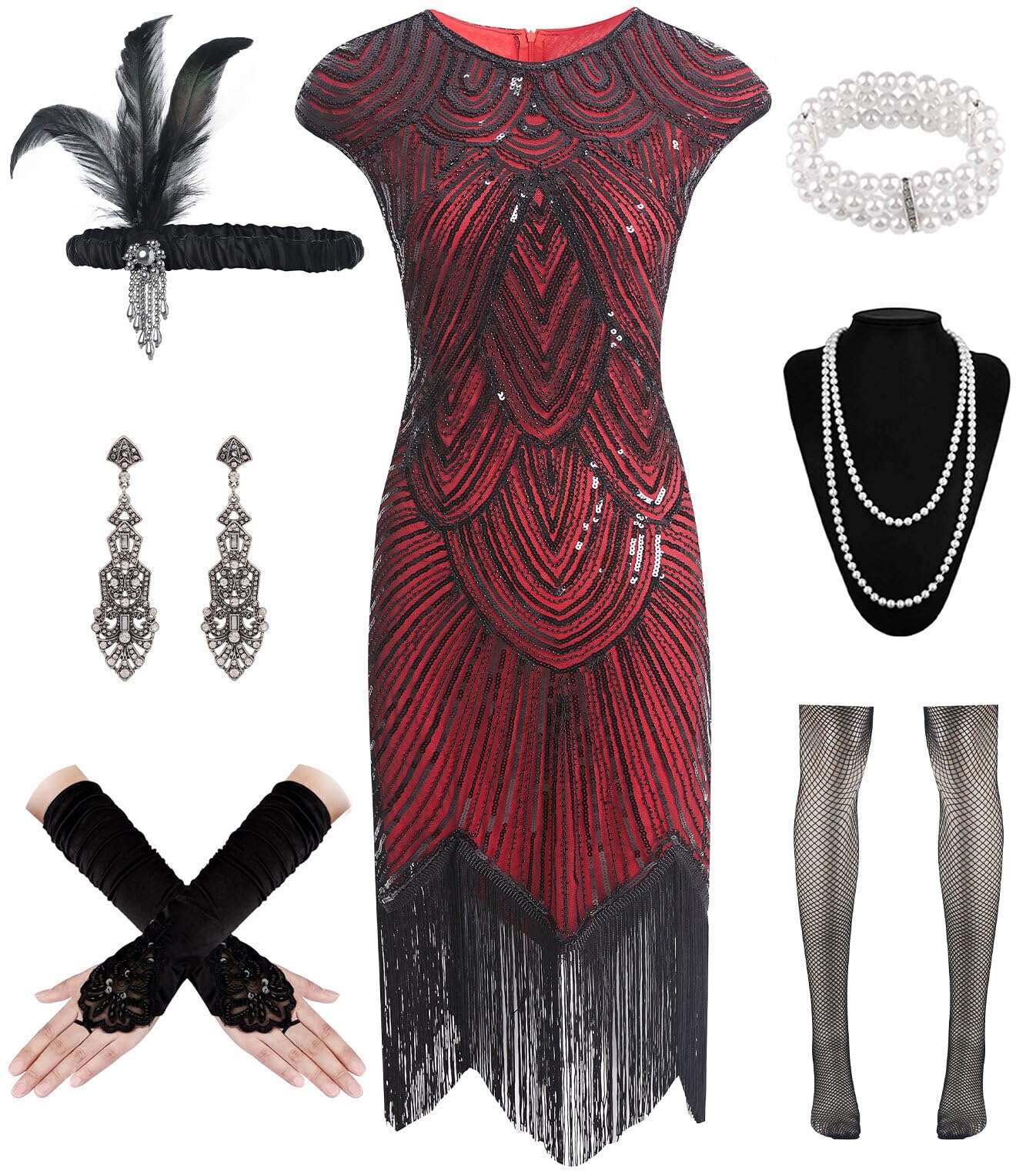WILDPARTY 1920s Women Flapper Dresses Sequin Dresses Vintage Lace Fringed Cocktail Dress with 20s Accessories Set