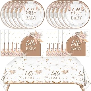 41Pcs Boho Baby Shower Decorations Bohemian Floral Pampas Grass Theme Tableware Neutral Birthday Decorations Boho Flower Paper Plates Napkins Tablecloth丨Boy Girl Birthday Baby Shower Party,Serves 20