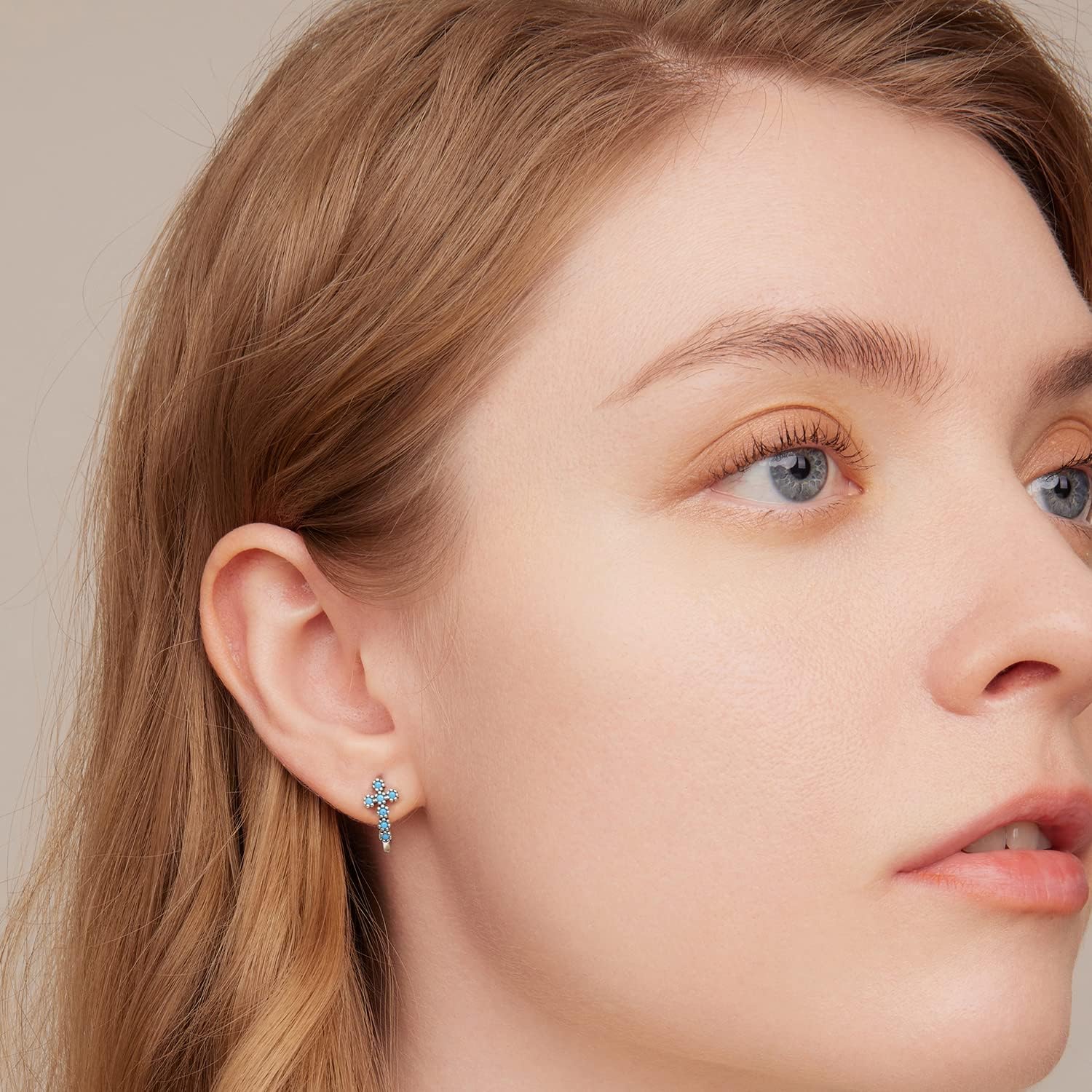 Shysnow 925 Sterling Silver Cross Earrings for Women Dainty Double Turquoise Crosses Cubic Zirconias Hoop Huggies Religious Jewelry Gifts - Image 3