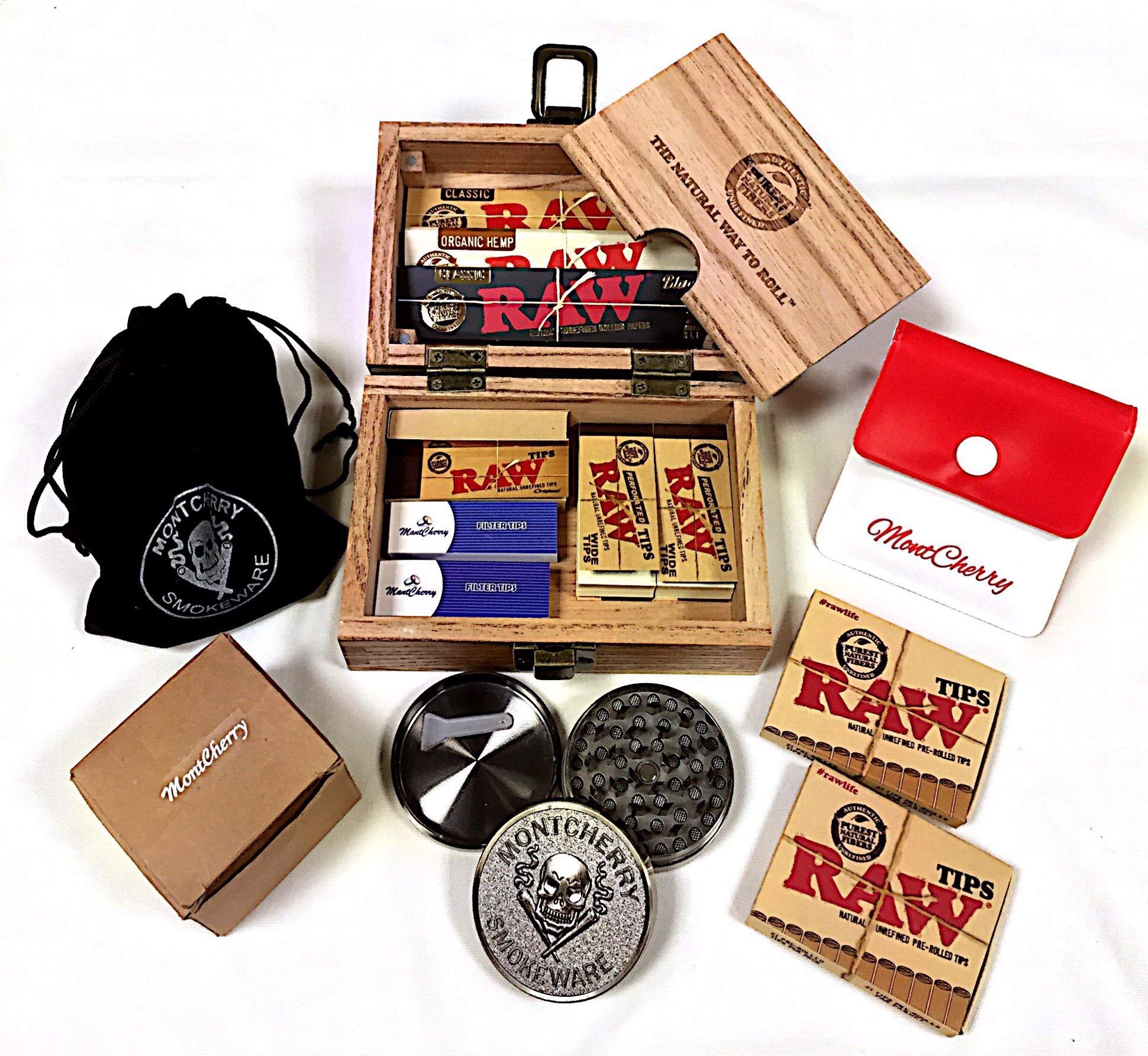MontCherry Exclusive Deal Raw Special Wood Rolling Box (10 Items Bundle) Grinder, Organic King Paper, Pre Rolled Hemp Tips Deal with Exclusive MontCherry Tips
