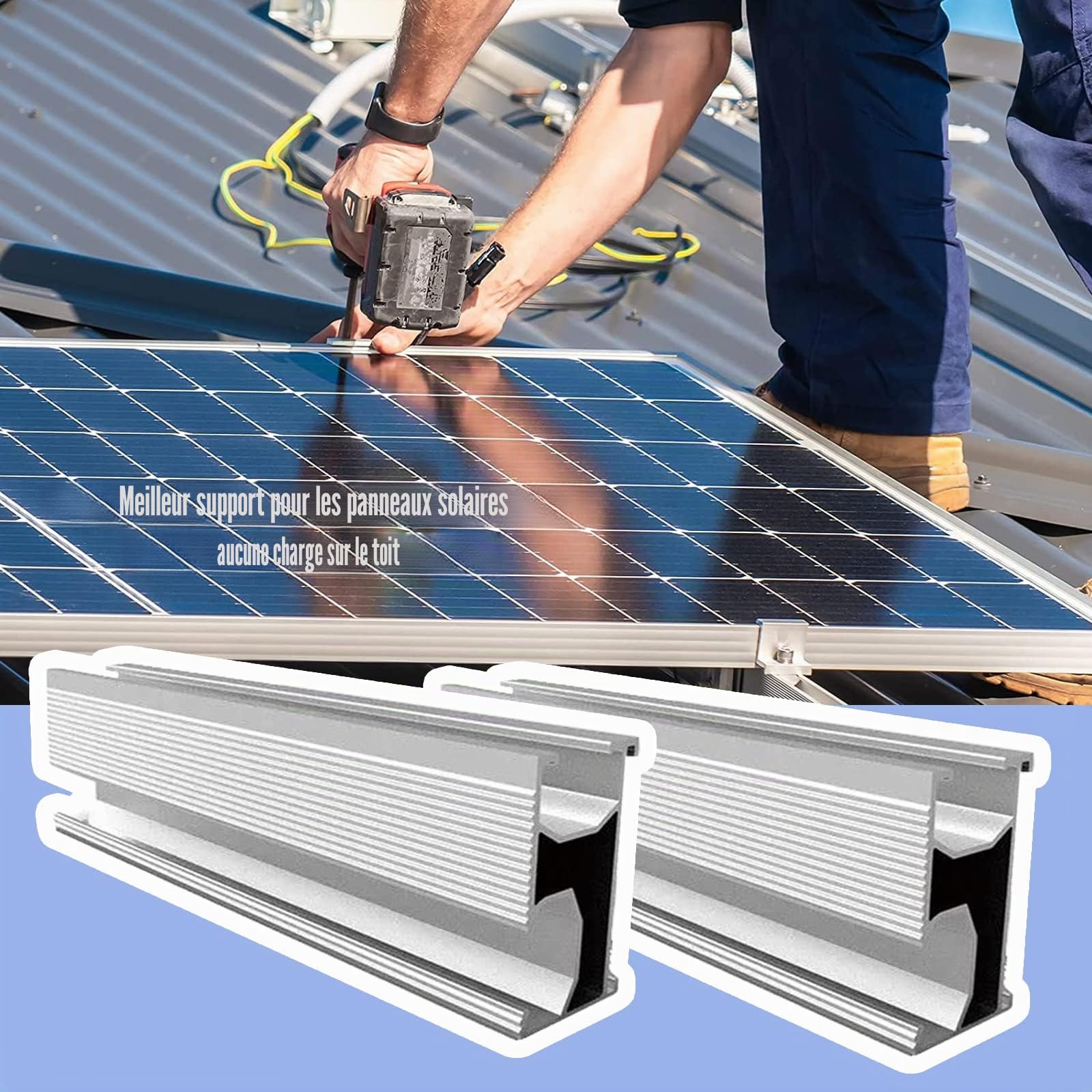Kit de montage solaire photovoltaïque pour toit de tuiles avec crochets de toit,rail de fixation pour toit de tuiles pour une hauteur de module de 30 à 50 mm (pour 2 modules)