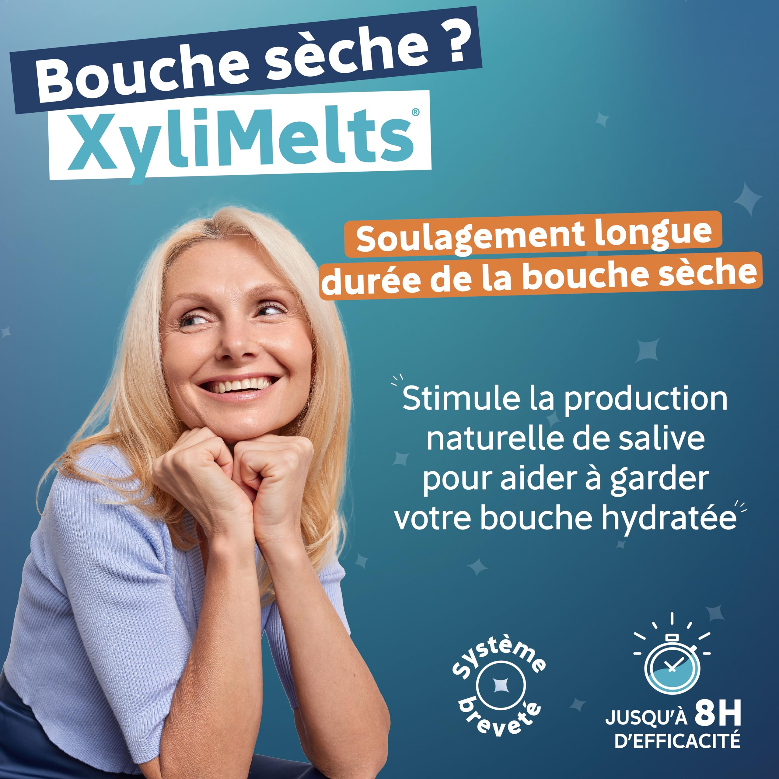 XYLIMELTS Bouche Sèche 80 Pastilles Adhérentes Goût Légèrement Sucrée| Soulage la Sécheresse Buccale Jour & Nuit|Action Jusqu’à 8h| Sans Sucre, au Xylitol| Discret & Naturel| Testé Cliniquement