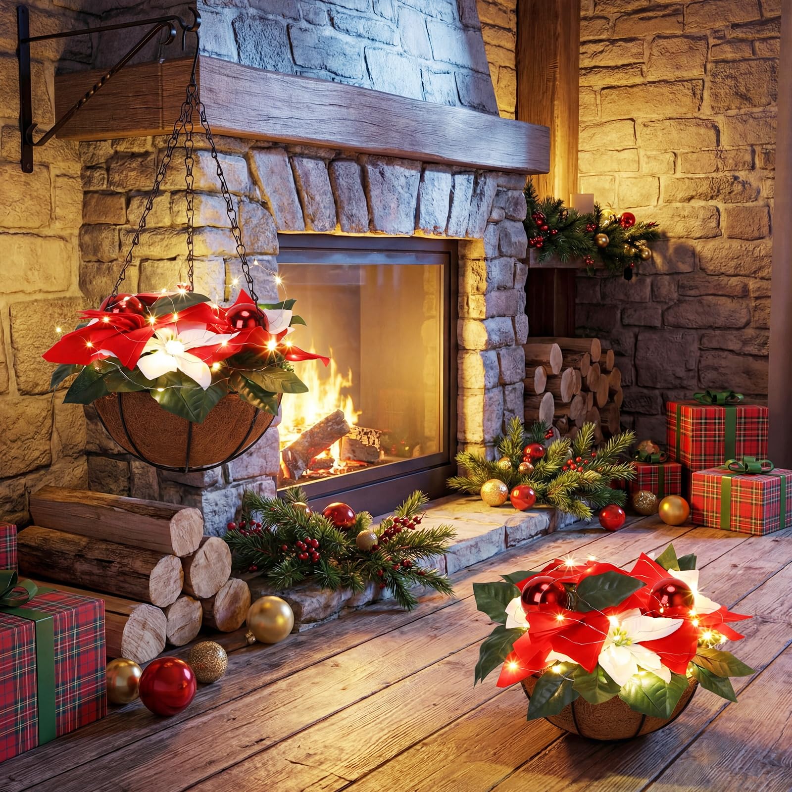 HyDren Lot de 2 fleurs de poinsettia artificielles pré-éclairées à suspendre pour intérieur ou extérieur, jardin, terrasse, porche (rouge et blanc)