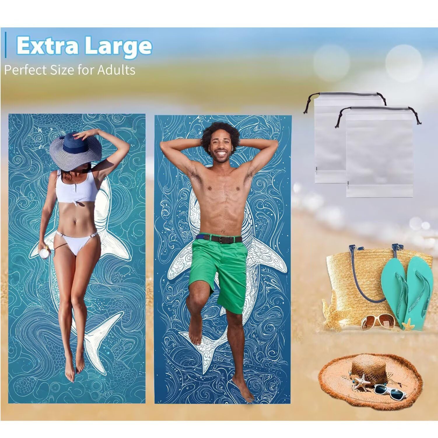 Telo Mare Microfibra Grande - 100 x 200 cm Telo Mare 2 Pezzi, Antisabbia, Asciugatura Rapida, Ultra Assorbente, Estate Spiaggia Asciugamani Bagno Asciugamano Microfibra, Donna Regali (squali) m-846