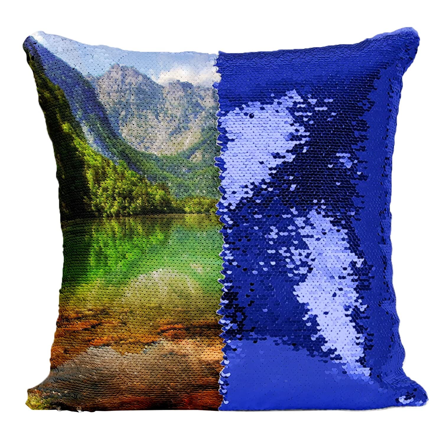 Housse sequin bleu lac de montagne a paillettes amovible et reversible pour coussin de canape