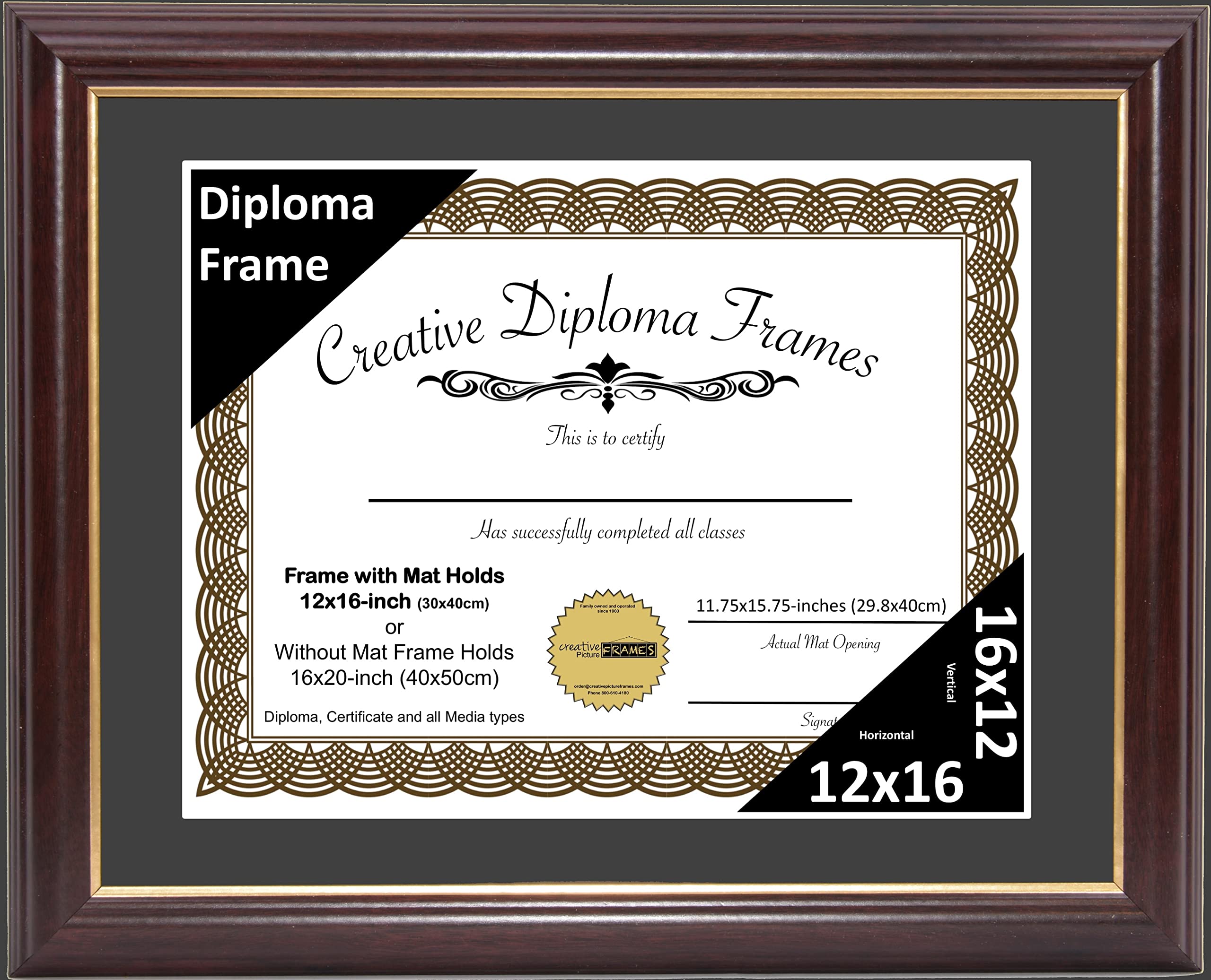 Creative Picture Frames 12x16 Mahogany Gold Rim Diploma Frame with Black Mat Glass and Installed Wall Hangers | Frame Holds 16x20 Media without Mat