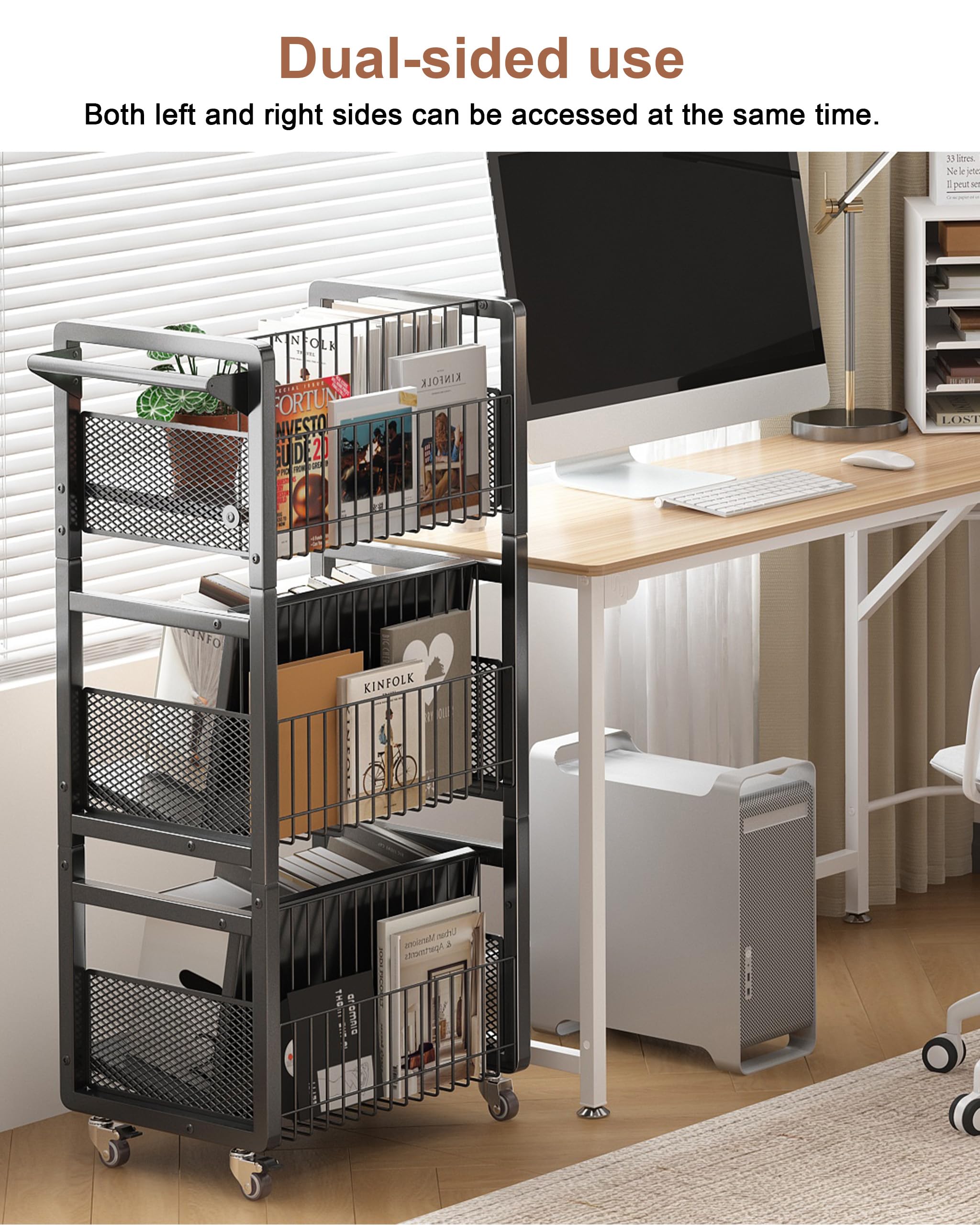 Carrello per Libri con Ruote,Carrello Da Biblioteca con Portata 70kg con Maniglia,Ripiani Piatti a Forma Di L su Un Lato,per Casa,Scuola,con 3 Supporti Magnetici per Libri - Nero