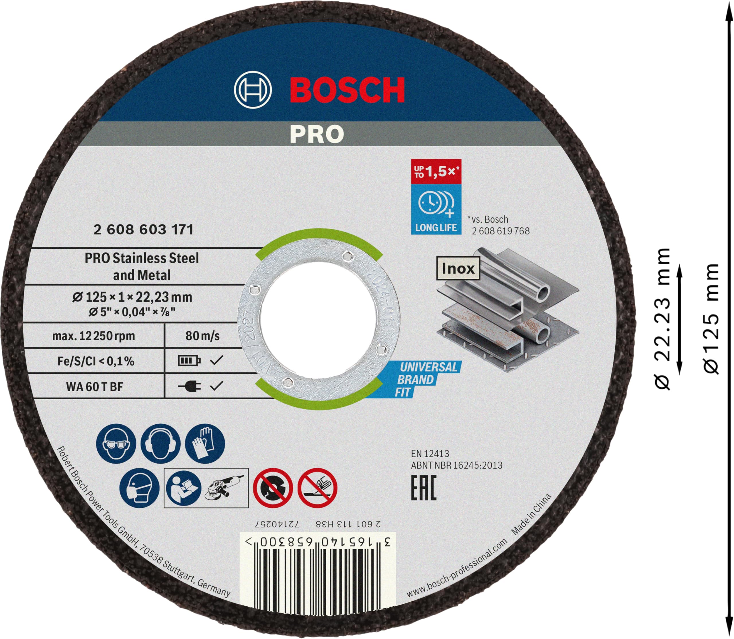 Bosch 100x Disco de corte abrasivo PRO Stainless Steel and Metal de larga vida útil, diámetro interior de 22,23 mm (para Acero, Acero inoxidable, Ø 125 mm, Professional Accesorios Amoladora pequeña)