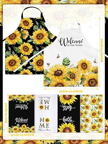 Miniatura 3 de Bencailor 6 piezas delantal de cocina de gnomo de abeja de girasol y toallas, decoración de cocina de primavera, impermeable, regalos de verano