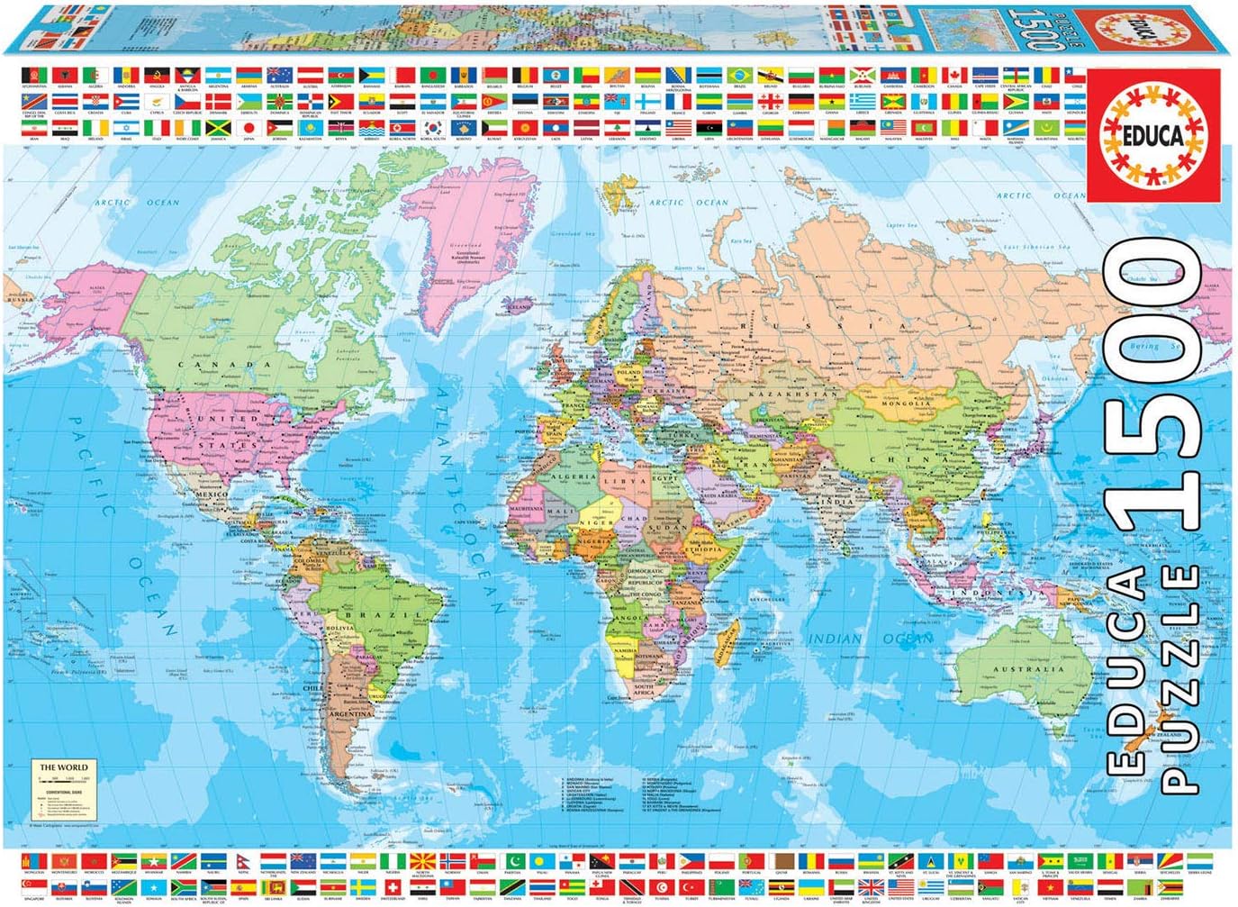 Educa - 1500 piece puzzle for adults | Political world map. Includes Fix Puzzle glue. From 14 years old (18500)