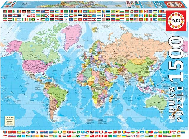 Educa Borras 18500 Map of The World with Flags 1500 Piece Jigsaw Puzzle, Multicoloured