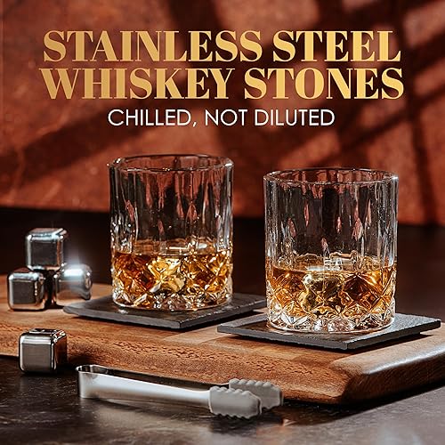 Miniatura 14 de Royal Reserve Juego de 2 vasos de whisky con piedras escalofriantes y posavasos, regalo de whisky para hombres, papá, jefe, novio en jubilación