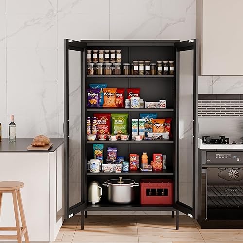 Miniatura 7 de COFaR Gabinete de metal negro, armario de almacenamiento de armario de metal con puertas y estantes de malla, gabinete de oficina de 3 niveles,