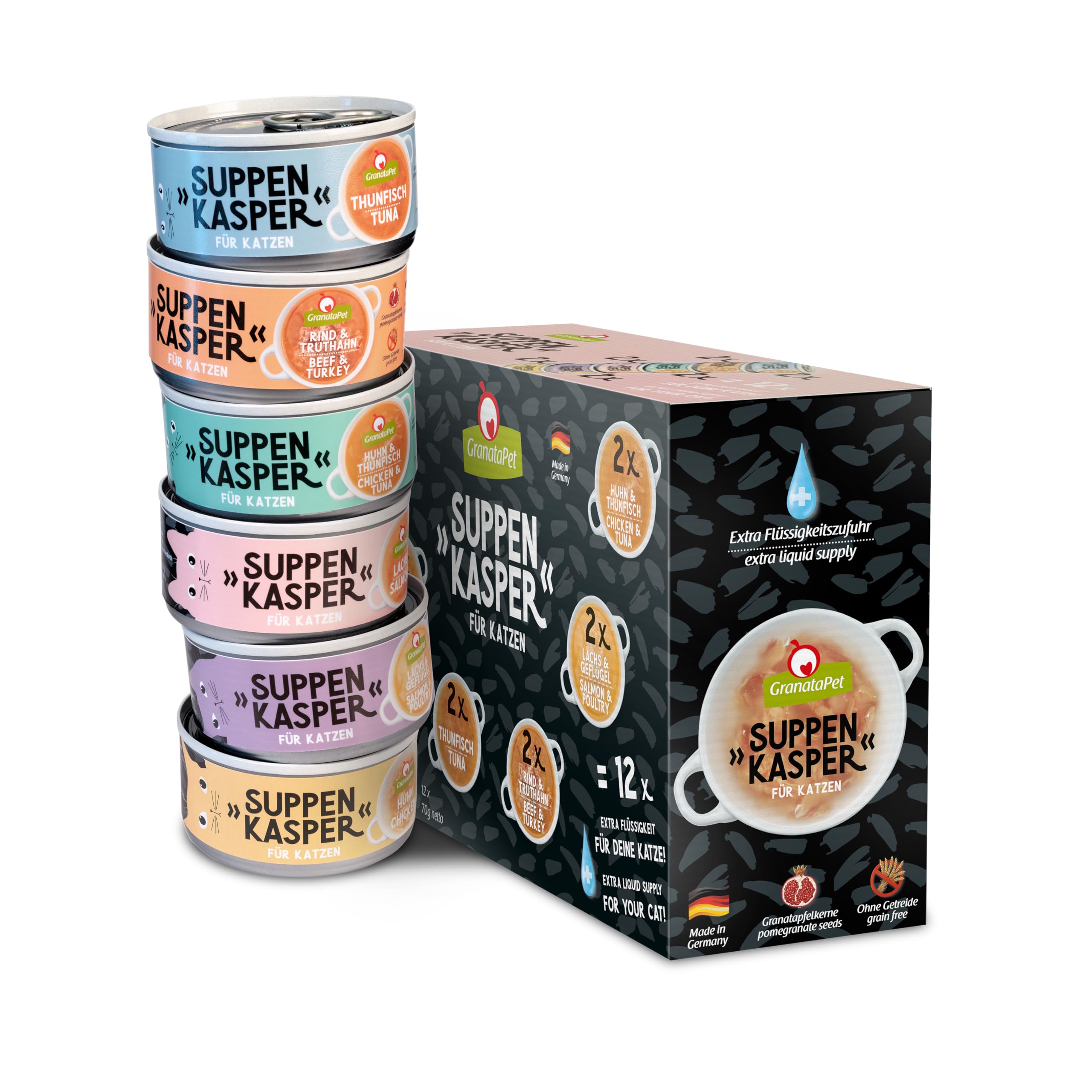 GranataPet Suppenkasper Multipack 6 Sorten, 12 x 70 g, Snacks für Katzen, Leckerchen für extra Flüssigkeitszufuhr, Suppe gegen den kleinen Hunger, Katzenfutter ohne Getreide und ohne Zuckerzusätze