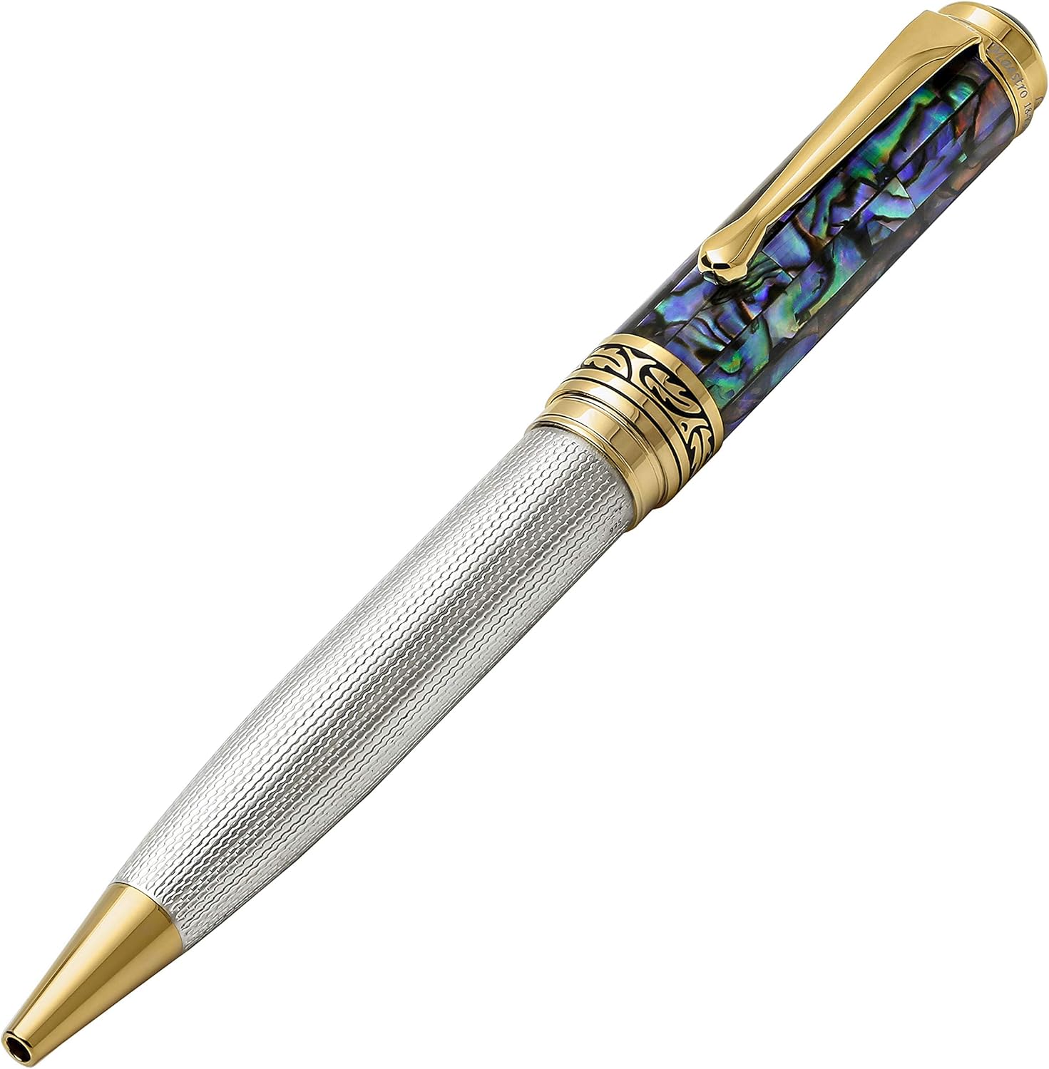 Xezo Maestro Ballpoint Pen, Solid 925 Sterling Silver and Blue Pāua Sea Shell with 18 Karat Gold Plating. Handmade, No Two Alike, Serialized Xezo Maestro Ballpoint Pen, Solid 925 Sterling Silver and Blue Pāua Sea Shell with 18 Karat Gold Plating. Handmade, No Two Alike, Serialized