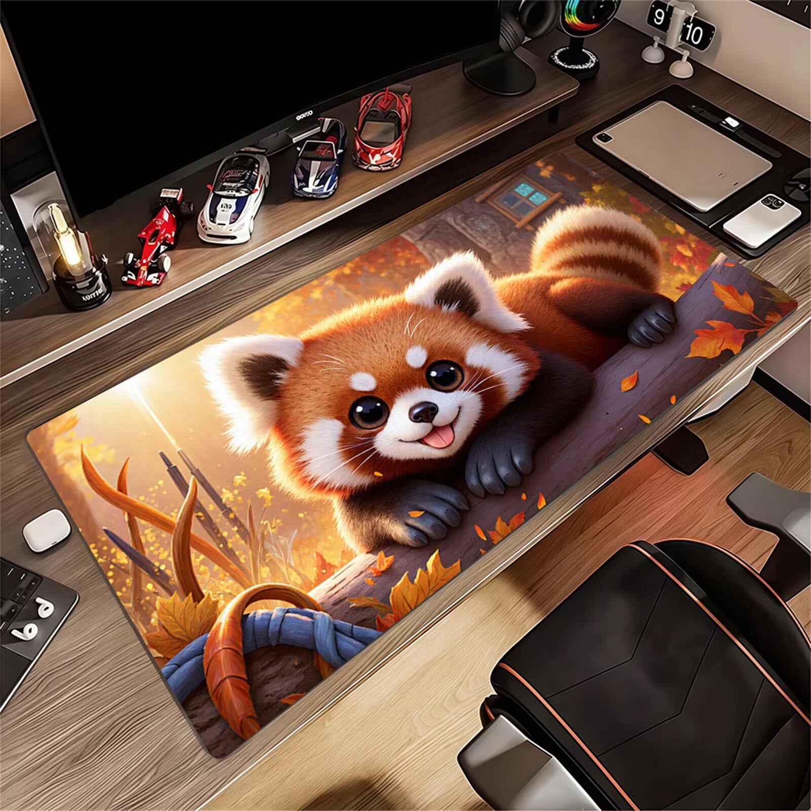 Alfombrilla de Ratón XXL 1000x500x2mm, Alfombrilla de Escritorio Grande Lindo Panda Pequeño, Mouse Pad Gaming Antideslizante con Bordes Cosidos para Teclado, PC y Oficina