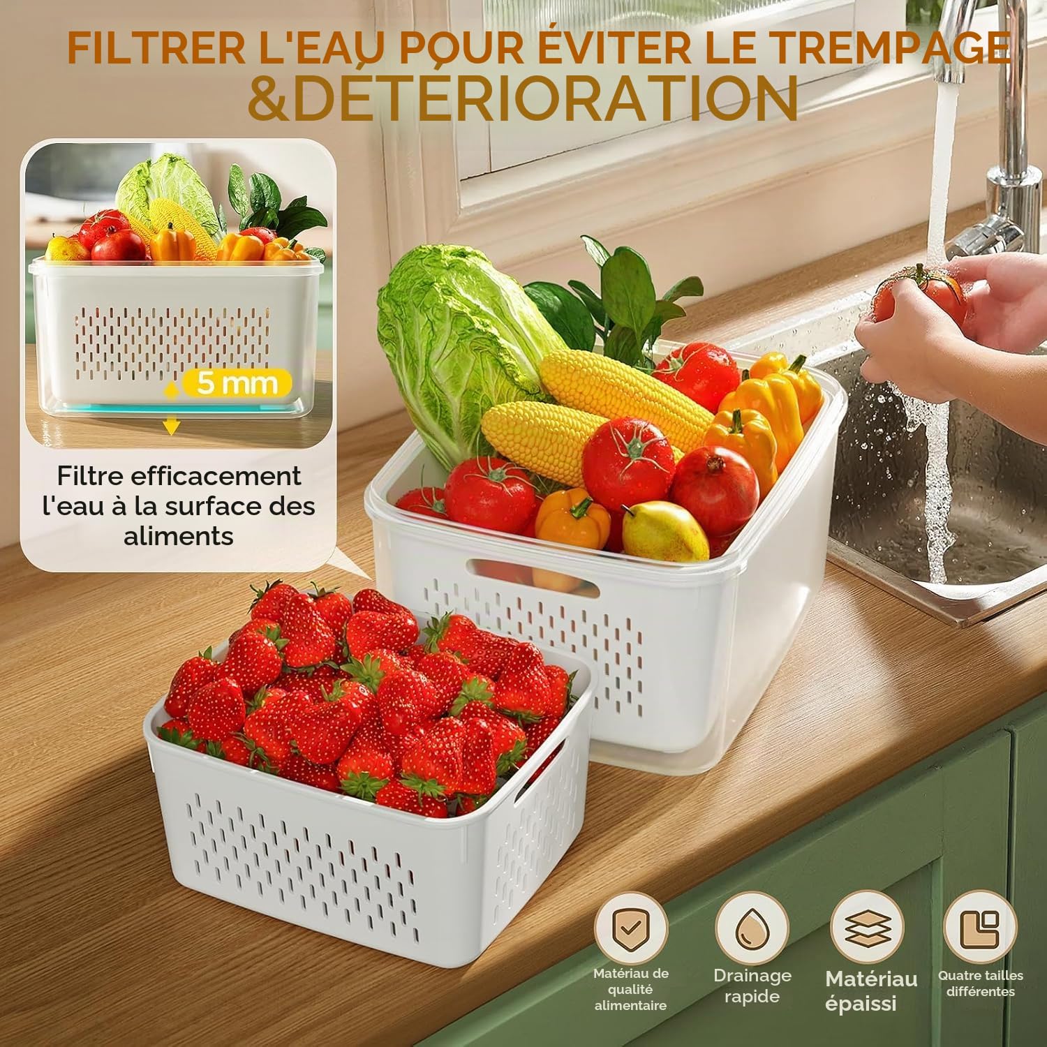 LATERN 5 Pièces Boîtes de Conservation Alimentaire pour Réfrigérateur avec Passoires Amovibles, 4 en 1 Bacs de Rangement Anti-Fuites Hermétique avec Couvercles pour Fruits Légumes Viande Conservateur