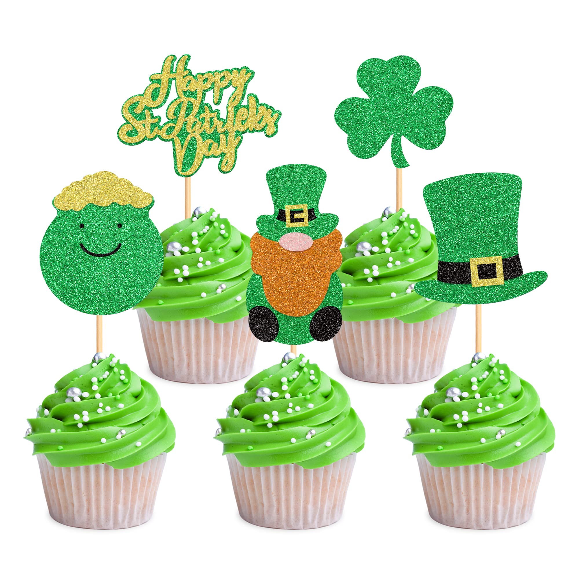 Blumomon 30Pcs St Patrick's Day Cupcake Glitter Shamrock Cupcake Toppers Three Leaf Clover Cake Picks for St Patrick's Day Party Decorations