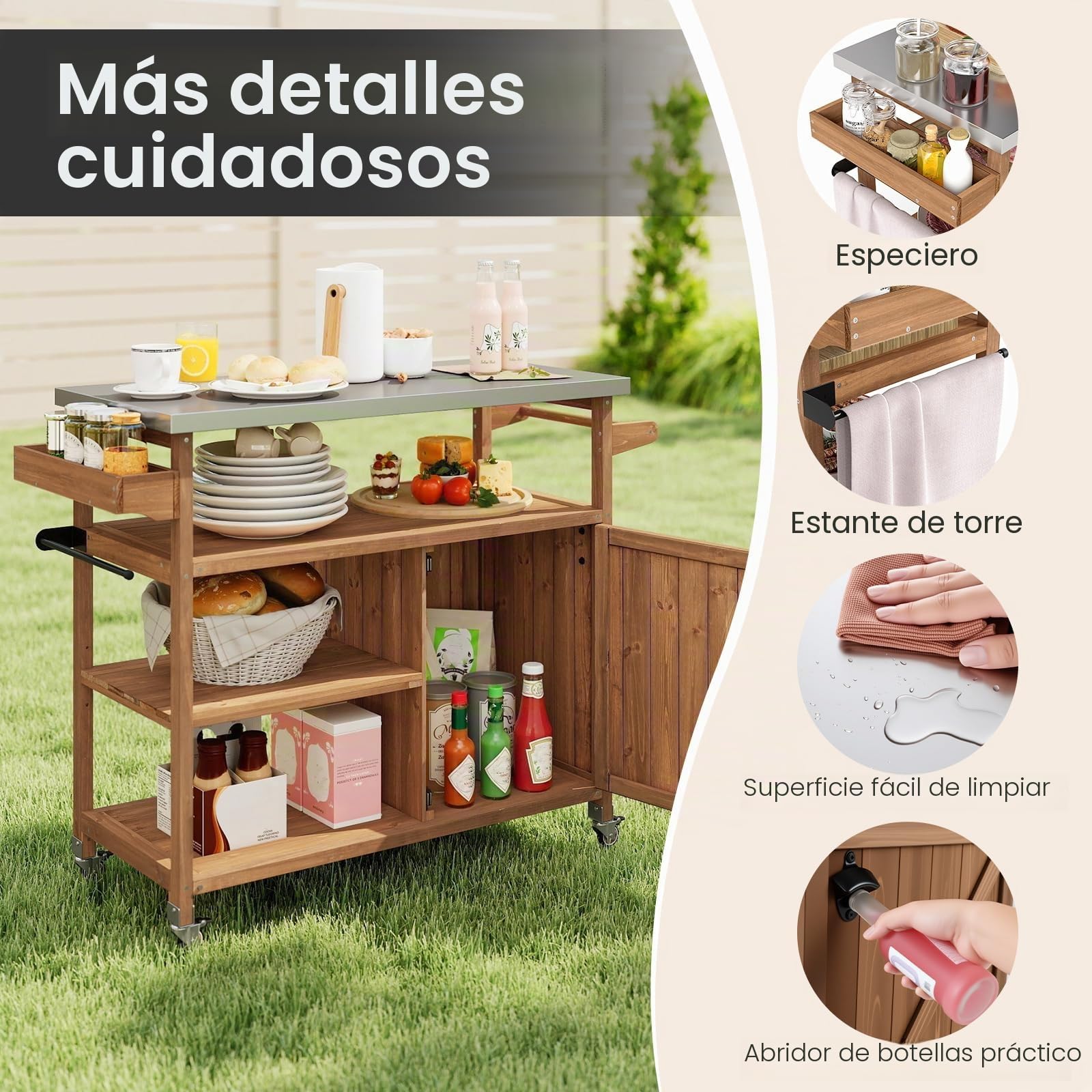 COSTWAY Carrito de Barbacoa de Madera, Isla de Cocina Exterior con Tapa de Acero Inoxidable, 3 Estantes Abiertos, Toallero, 4 Ruedas, Mueble para BBQ para Picnic, Fiesta, 118 x 47 x 92 cm